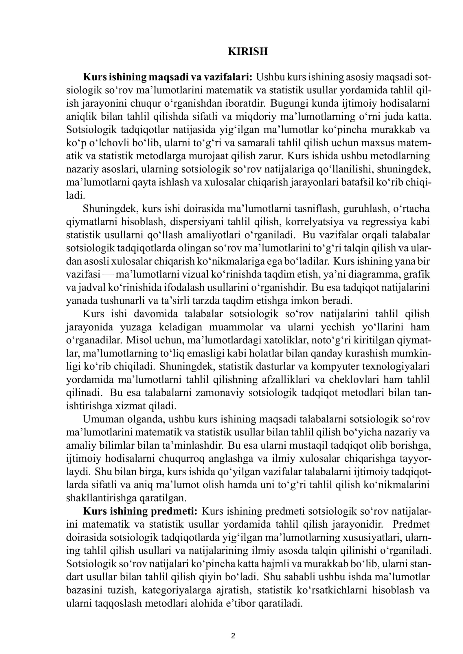 SOTSIOLOGIK TADQIQOTLARNI TASHKIL ETISH VA OʻTQAZISH METODLARI KURS ISHI 3