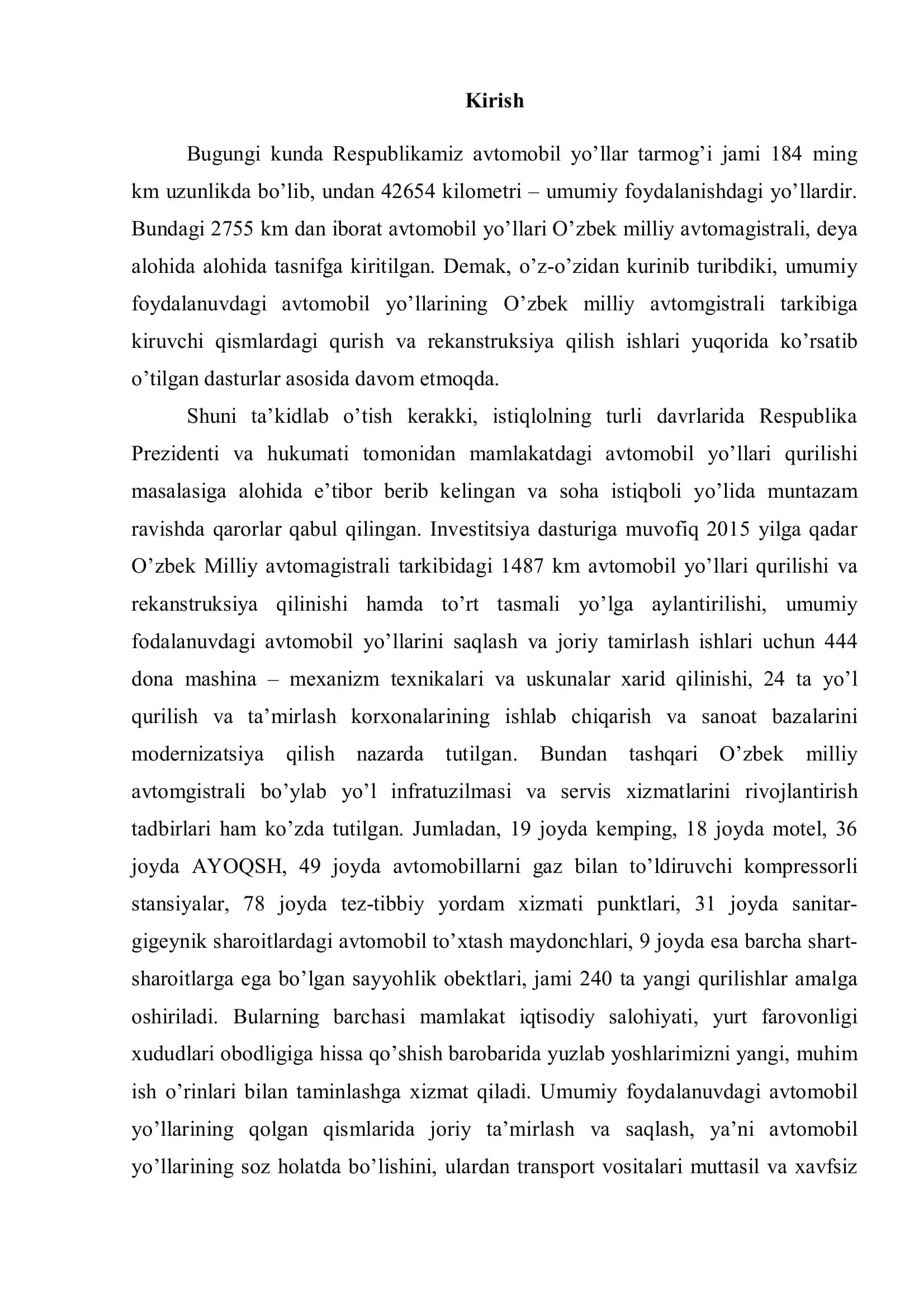 SAMARQAND VILOYATIDAN IB M-37 "SAMARQAND-BUXORO-TURKMANBOSHI" AVTOMOBIL YO’LINING 90-95 KM BO’LAGINI MUKAMMAL TA'MIRLASH TEXNOLOGIK JARAYONLARINI ISHLAB CHIQISH VA UNI TASHKIL ETISH 3