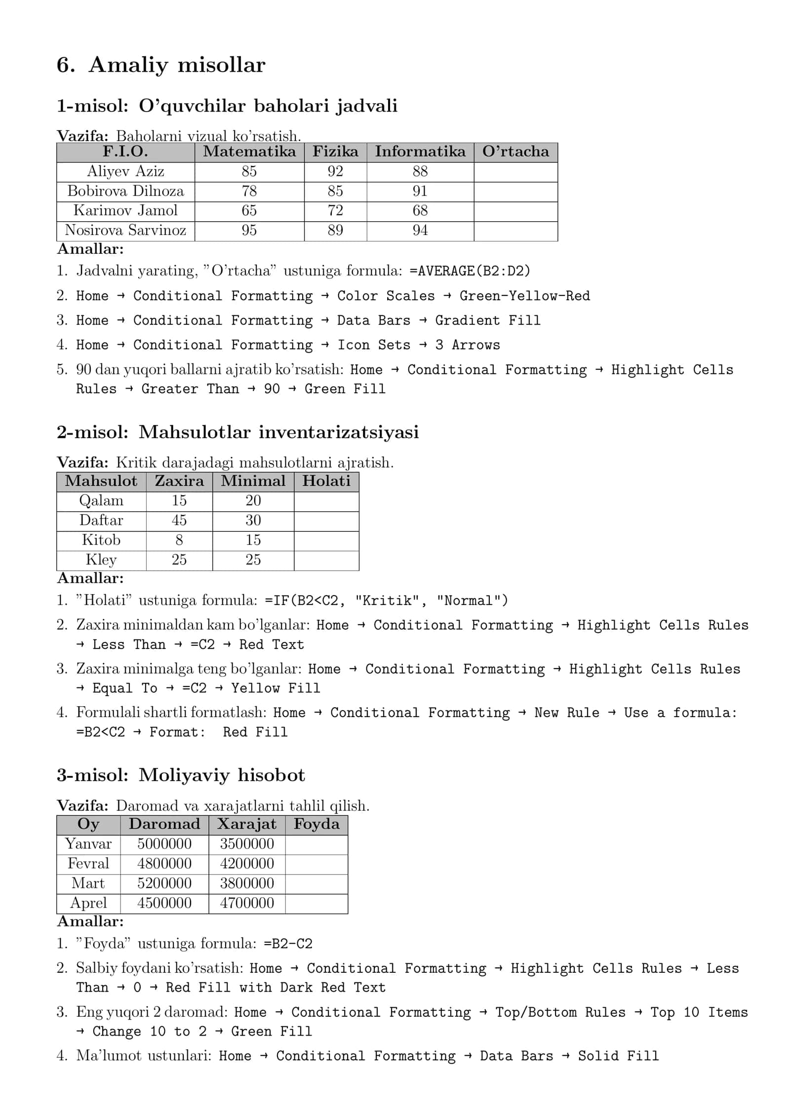 Elektron jadvalni formatlash. Shartli formatlash 3