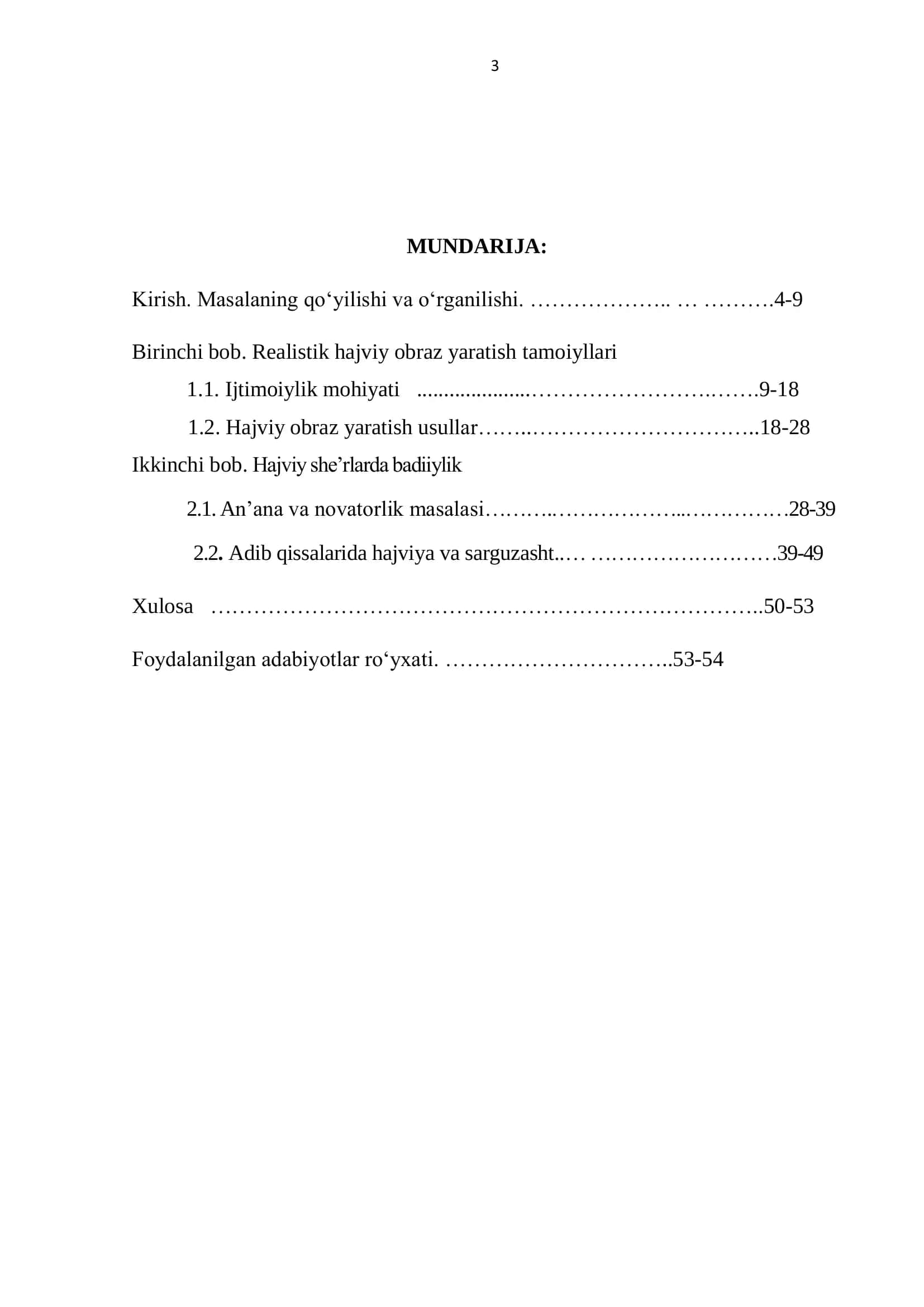 o‗zbek tili yo‗nalishi 448-guruh bitiruvchisi Abdulhamidova Zohidaning ―Anvar Obidjon hajviyotida ijtimoiy masalalarning yoritilishi‖ BITIRUV-MALAKAVIY ISHI 3