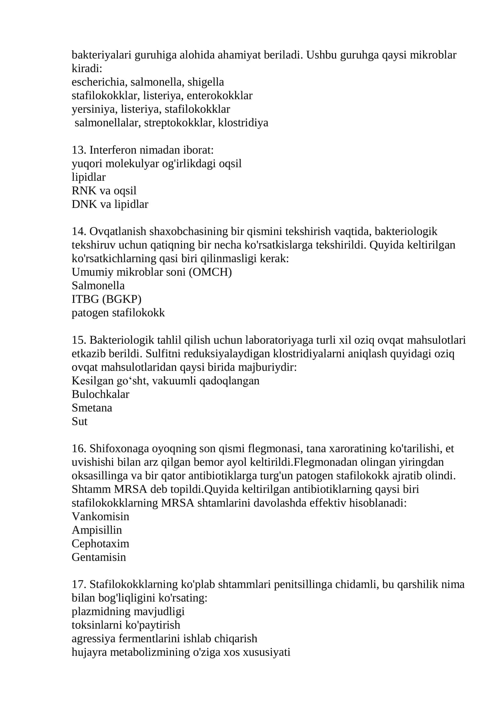 Bakteriologik laboratoriya mutaxassisligi bo‘yicha shakllantirilgan test savollari ro‘yxati 3
