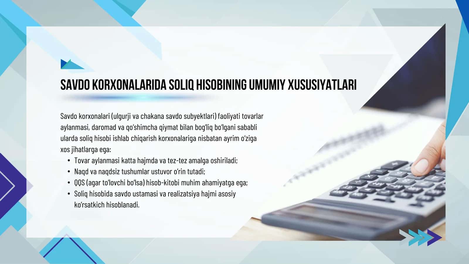 Savdo korxonalarida soliq to'lovlari,majburiy ajratmalar va ushlanmalar hisobining xususiyatlari 3