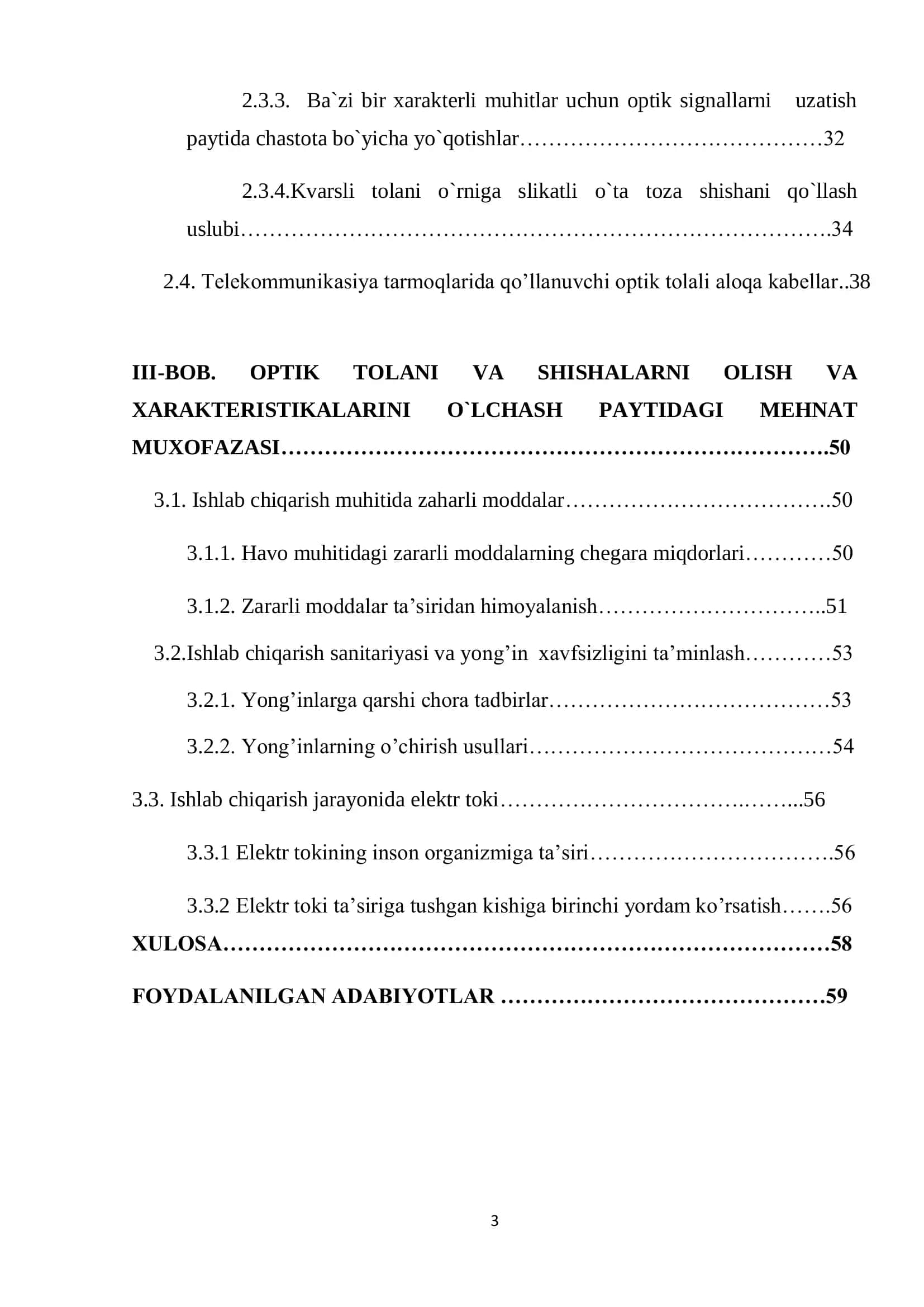 MAVZU: OPTIK KVARSLI TOLALARNI ISHLAB CHIQARISH VA TOLALI KABELLARNI XARAKTERISTIKALARNI O`LCHASH TAHLILI 3