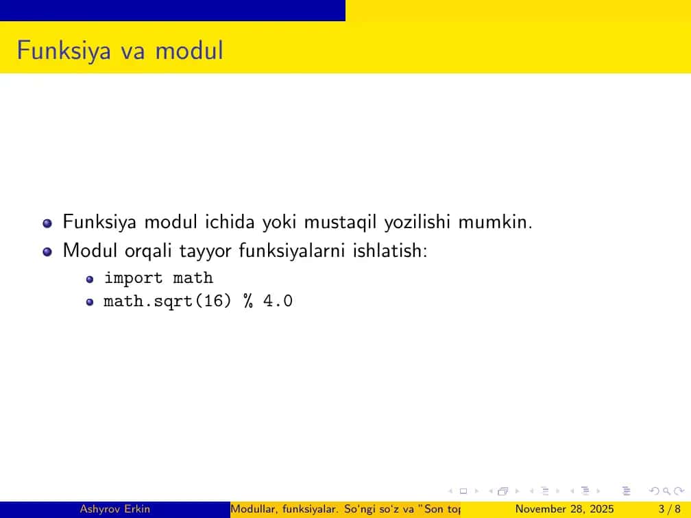 Modullar, funksiyalar. So‘ngi so‘z va ”Son topish” o‘yini 3
