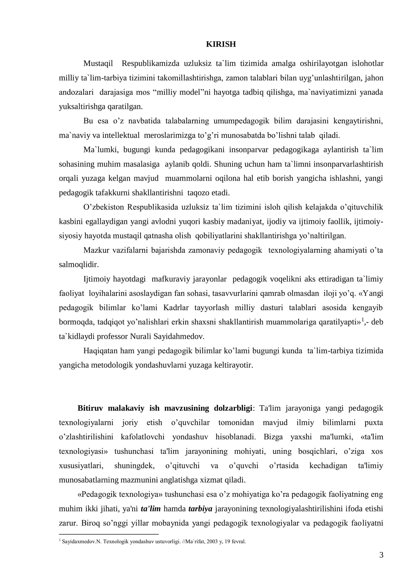 TARBIYA TEXNOLOGIYASINING NAZARIY-AMALIY ASOSLARI mavzusida tayyor bitiruv malakaviy ishi 3
