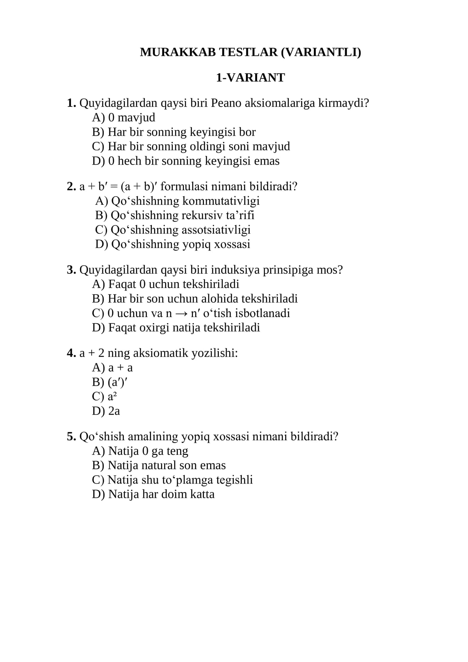 Peano aksiomalari va qo‘shish qonunlari 3