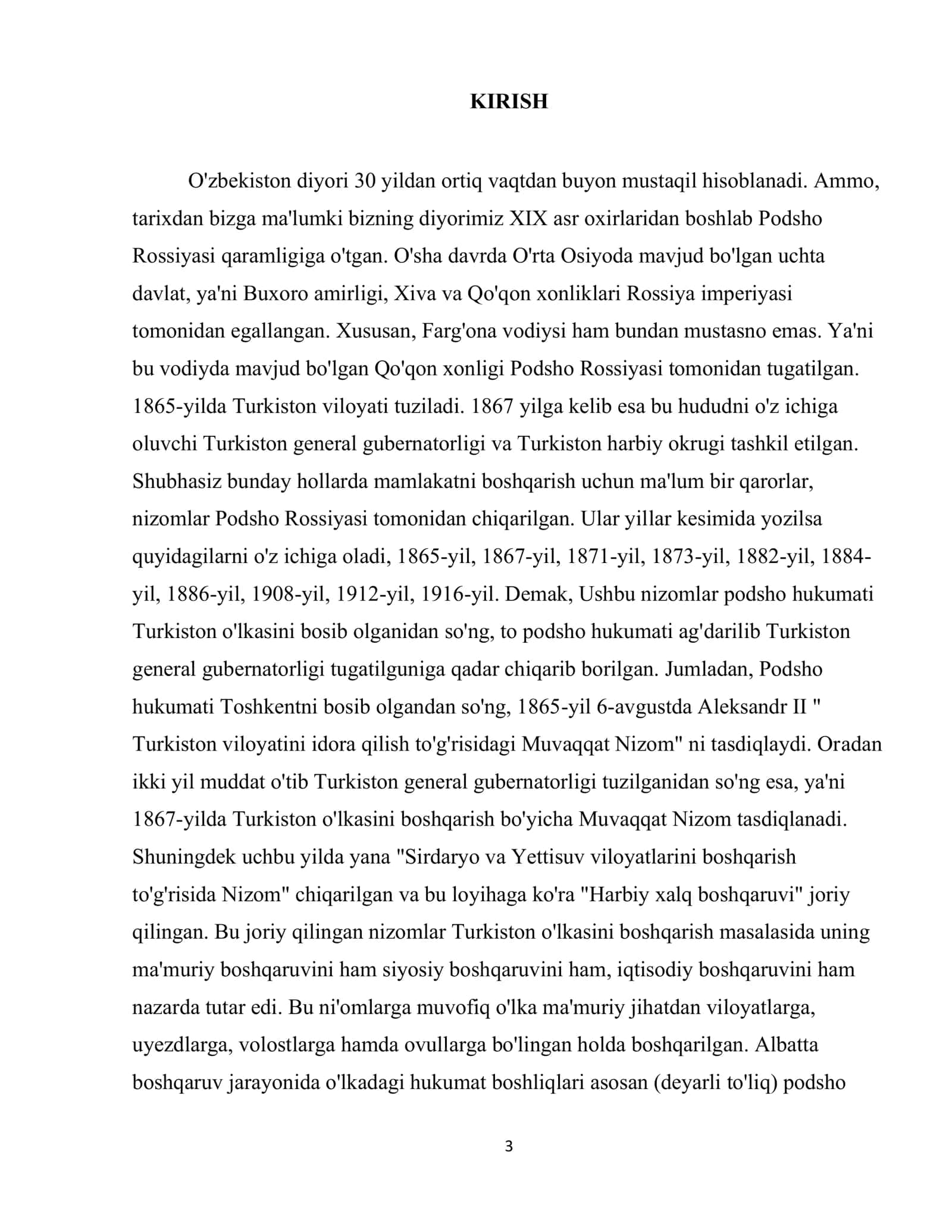 Turkiston o'lkasida boshqarish xususida 1865-1916 yillarda qabul qilingan qonun loyihalari (nizomlar) va ularning mustamlakachilik tizimini mustahkamlashdagi ahamiyati 3