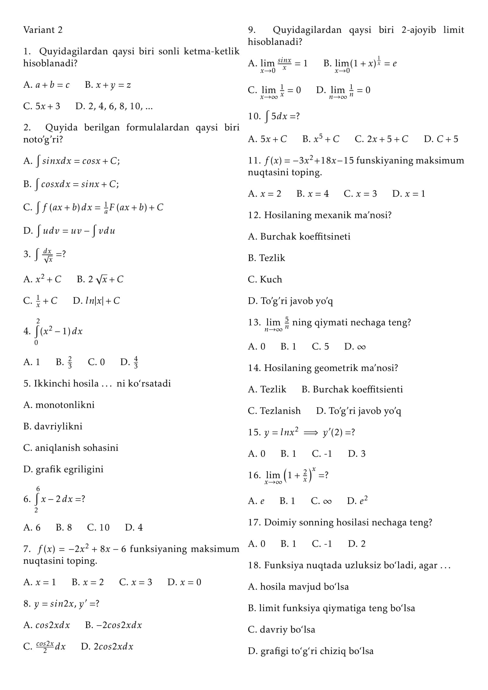 Hisob fanidan test 3