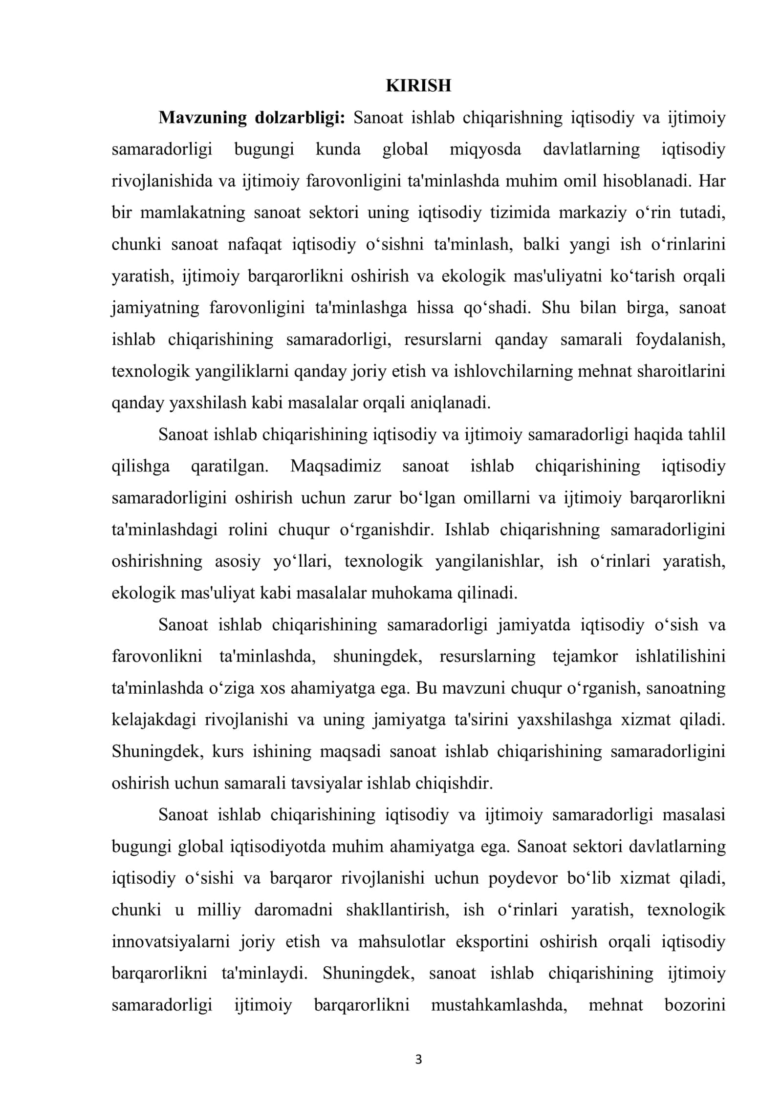 SANOAT ISHLAB CHIQARISHINING IQTISODIY VA IJTIMOIY SAMARADORLIGI KURS ISHI 3
