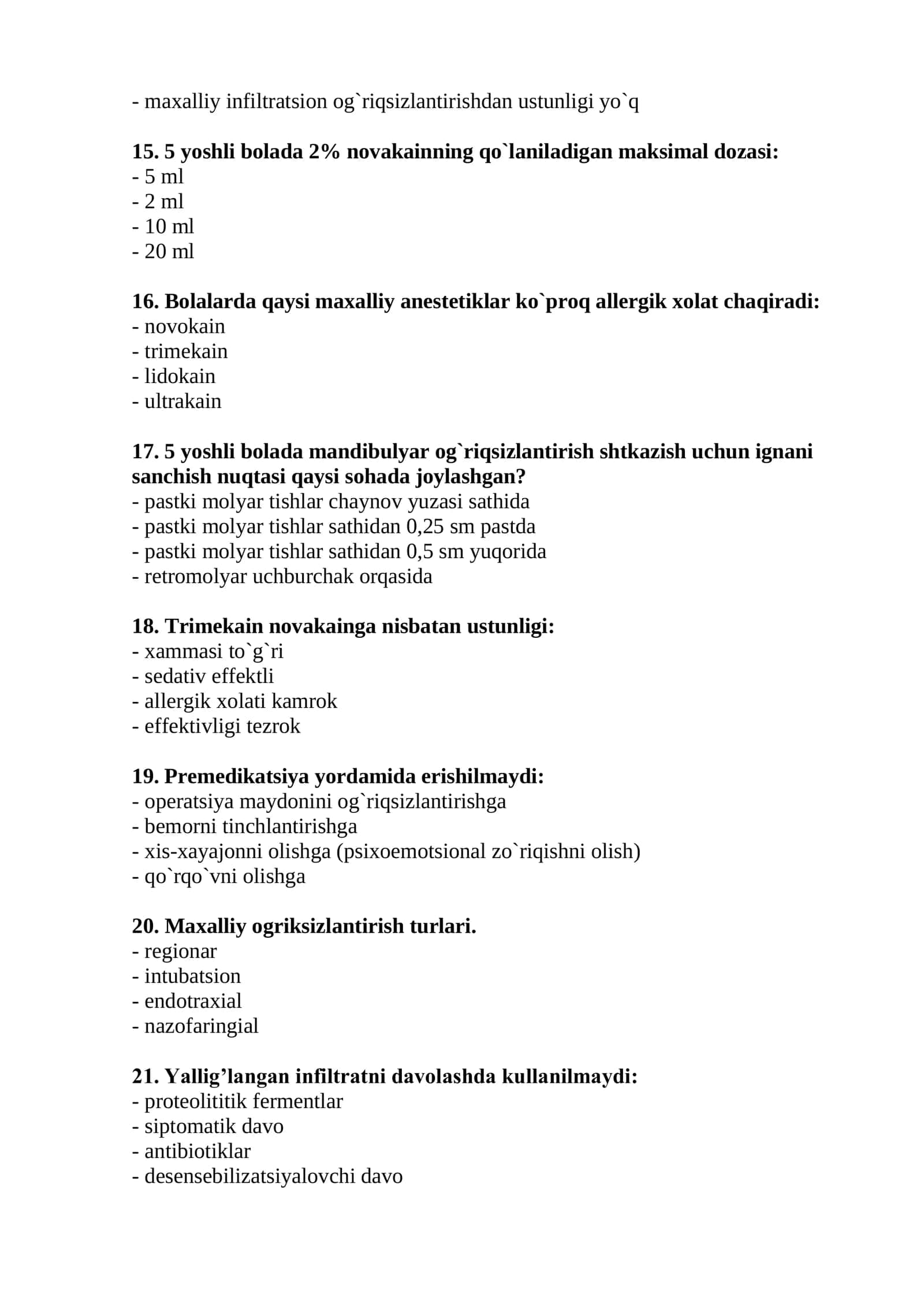 Bolalar yuz-jagʻ xirurgiyasi mutaxassisligi bo'yicha shakllantirilgan test savollari ro'yxati 3