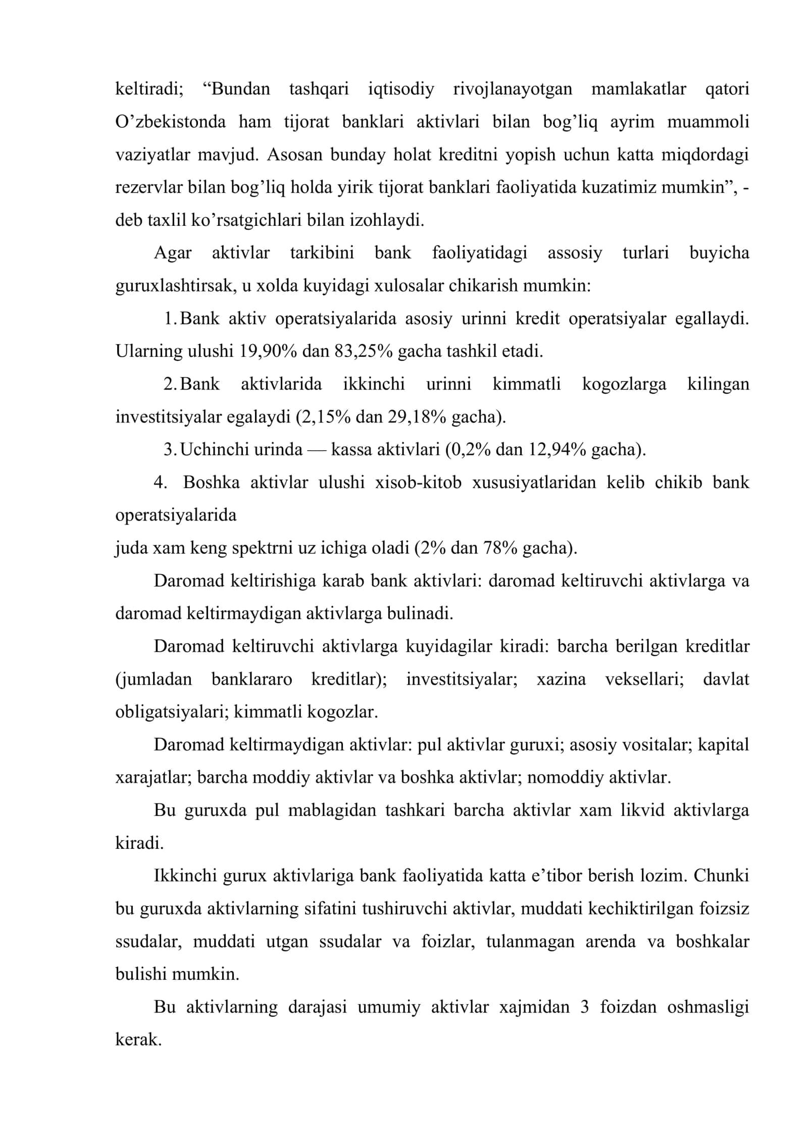 Tijorat banklarining aktiv operatsiyalari tarkibi va ularni joylashishi 3