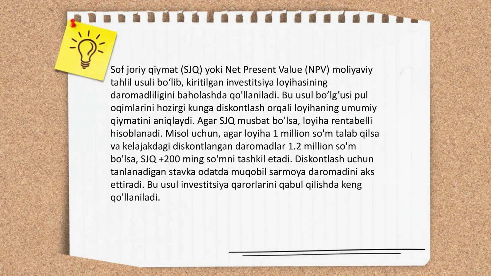Sof joriy qiymat usullari boʻyicha investitsion qarorlarni qabul qilish 3
