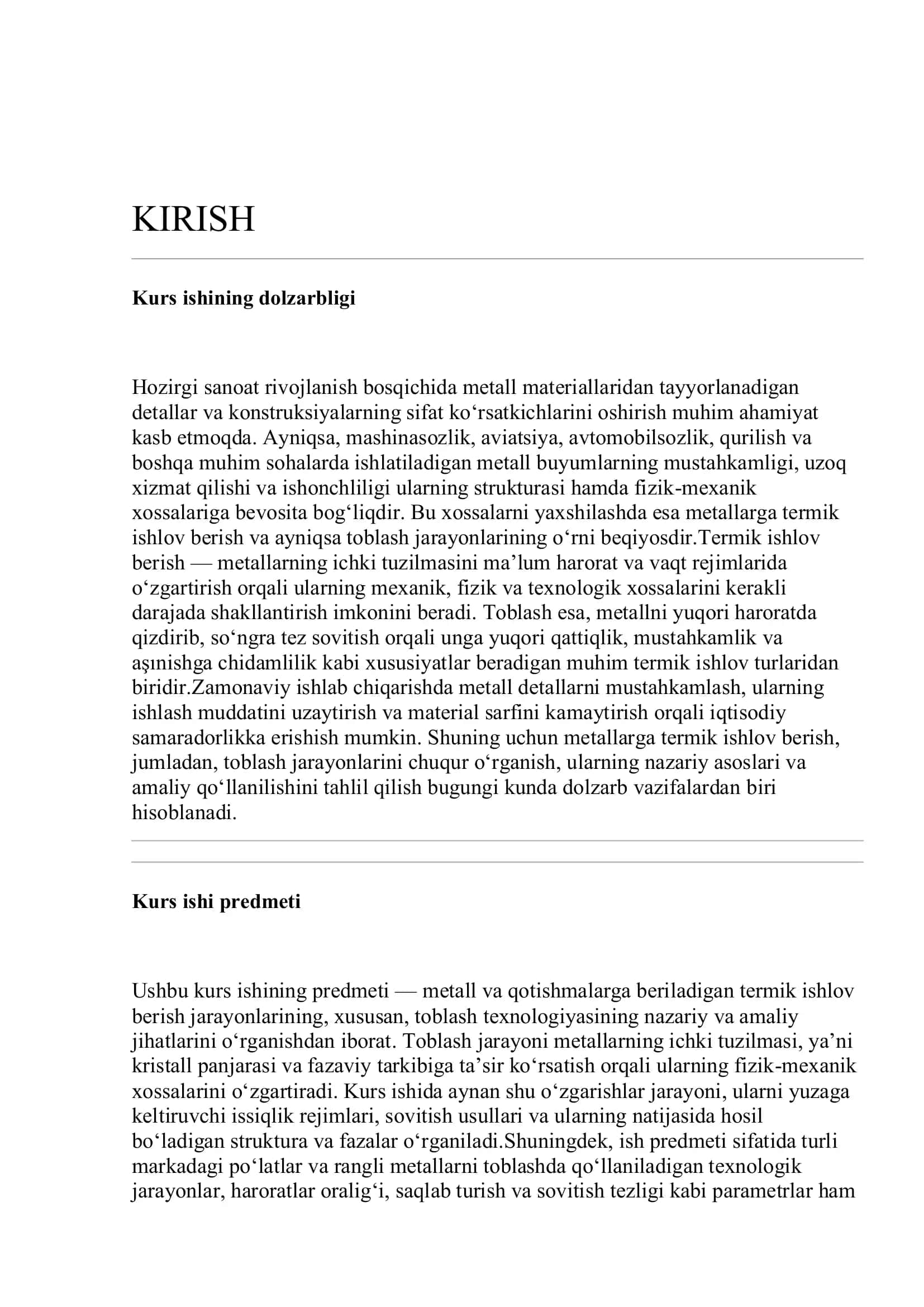 : Metallarga termik ishlov berish va toblash. Kurs ishi 3