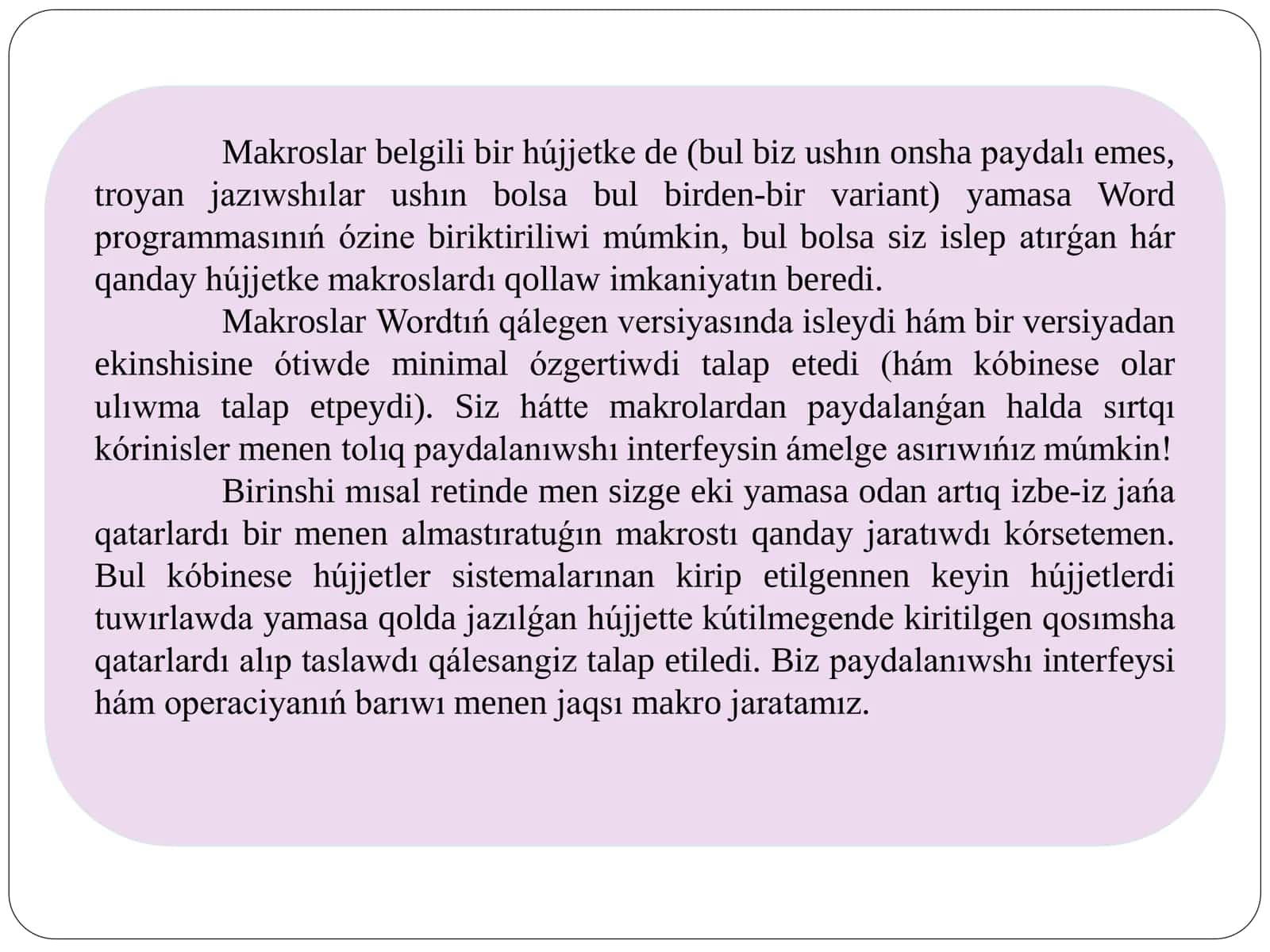 Microsoft Word dástúrinde Makroslar, zagolovkalar jaratıw hám hújjetlerdi qayta islewdi avtomatlastırıw 3