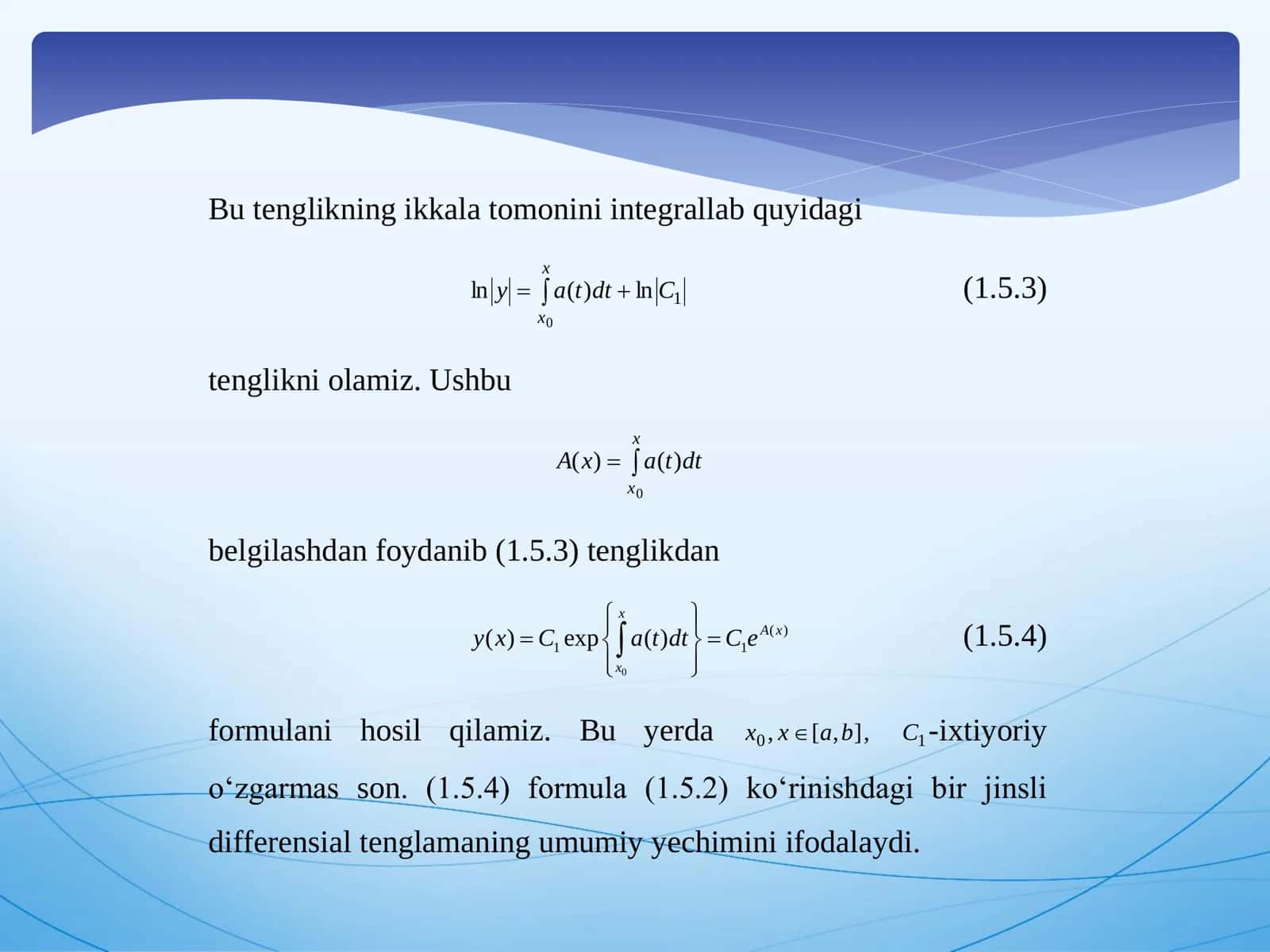 Birinchi tartibli chiziqli differensial tenglamani yechimini topish 3
