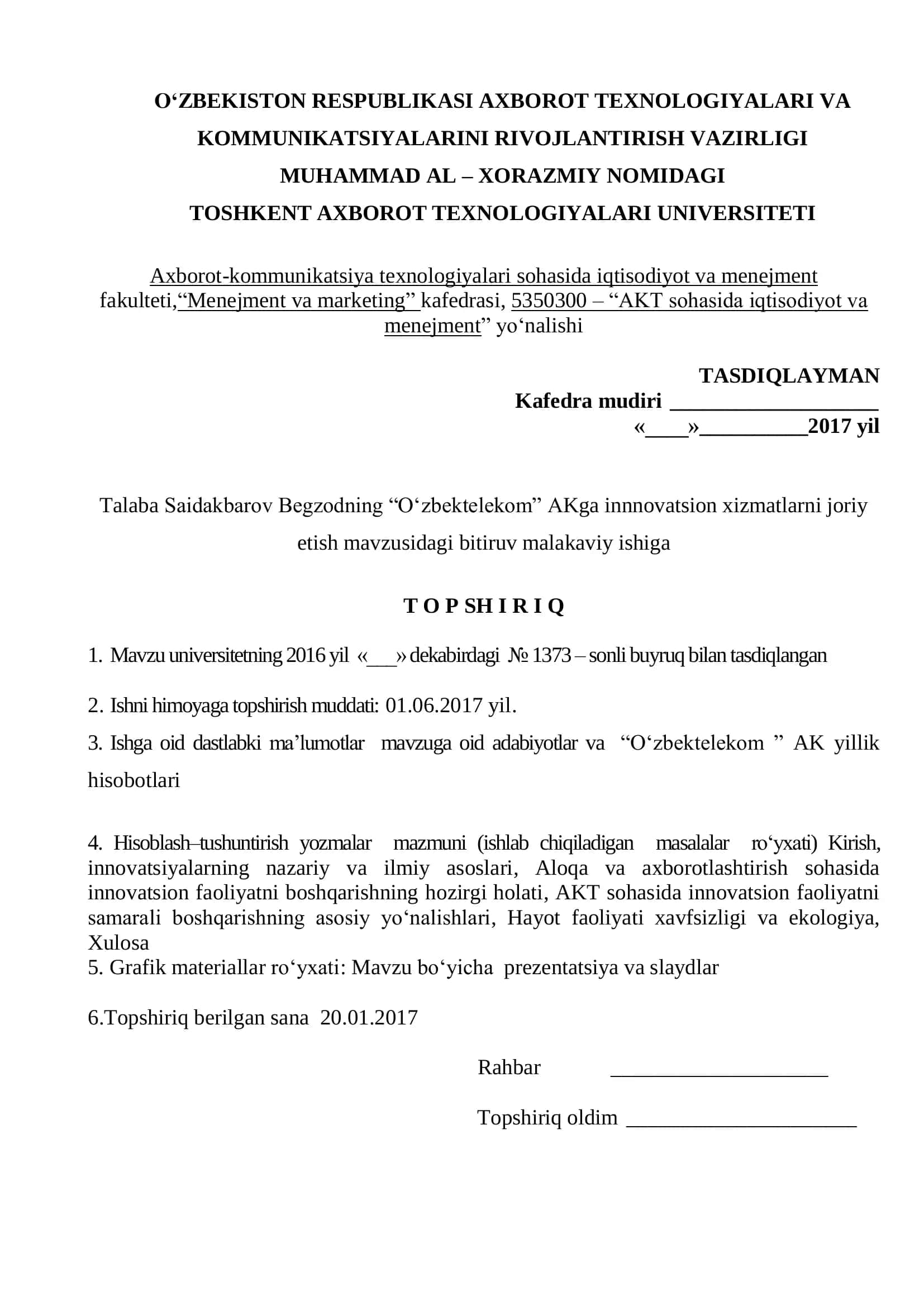 O‘zbektelekom” AKga innnovatsion xizmatlarni joriy etish mavzusida BITIRUV MALAKAVIY ISHI 3