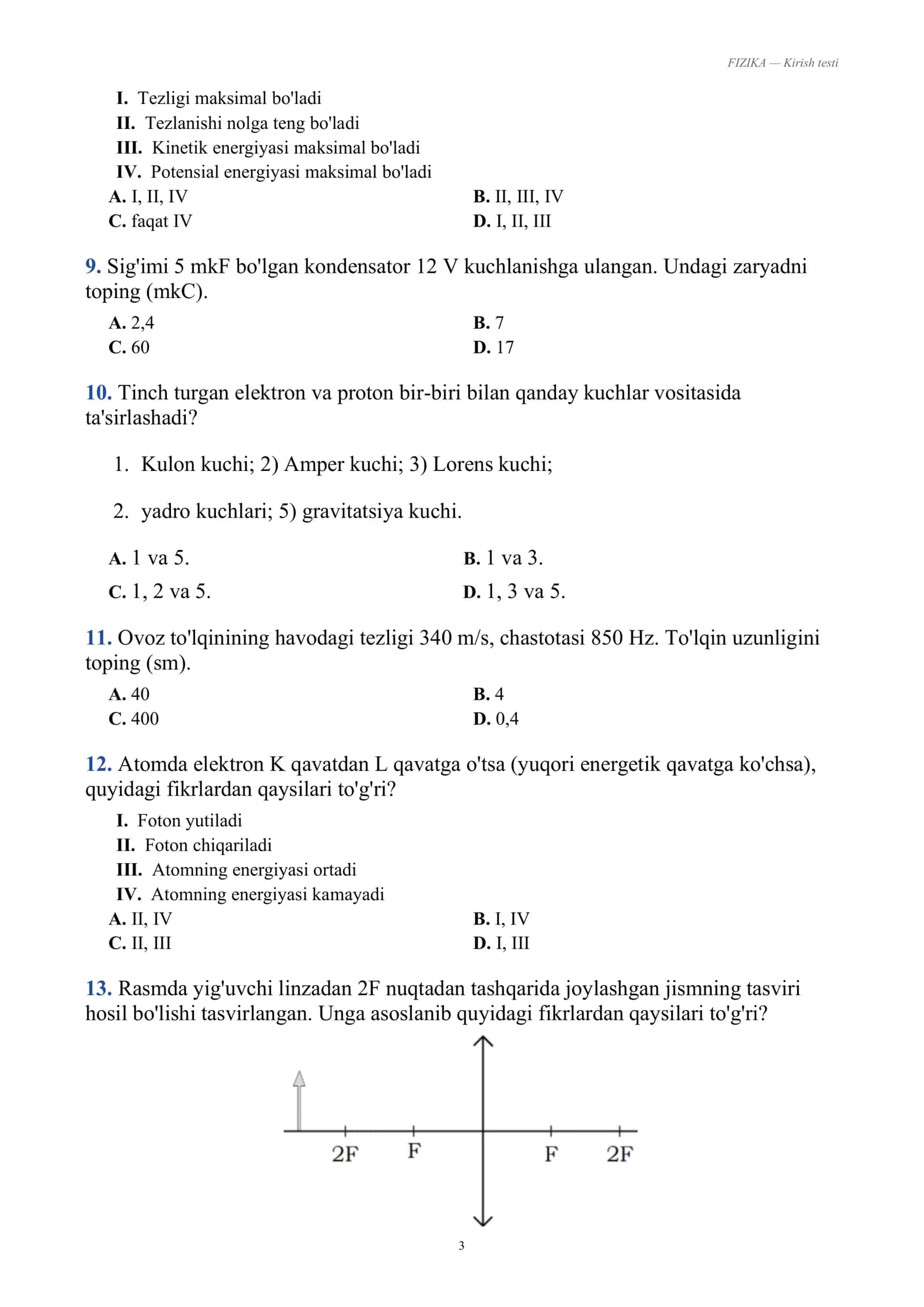 Maktabga ishga kirish uchun test. FIZIKA - Kirish testi 3