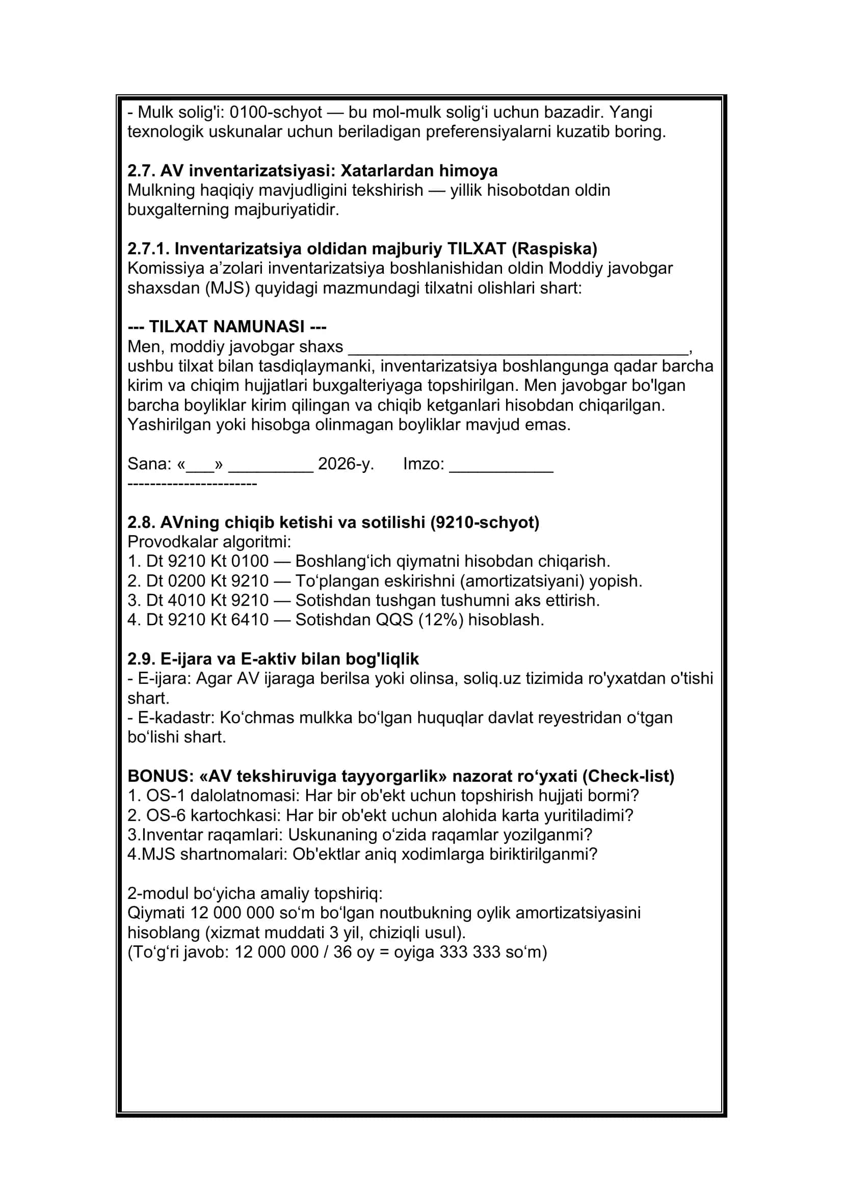 2-MODUL: Asosiy vositalar (AV) – Buxgalteriya va Soliq hisobi 3