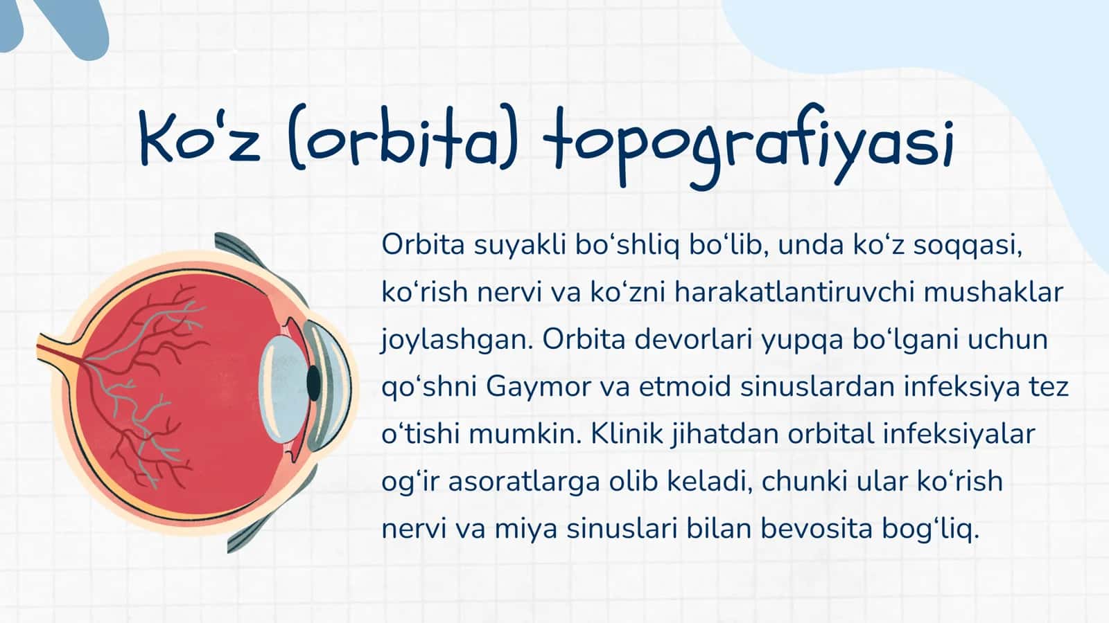 Yuzning oldingi bo‘limi: ko‘z, ko‘z osti va burun sohalarining topografik anatomiyasi. Infraorbital anesteziya texnikasi. Ko‘z osti flegmonasini ochish va drenajlash. Yuqori jag‘ (Gaymor) bo‘shlig‘ini punksiya qilish. Kolduel–Lyuk operatsiyasi. 3