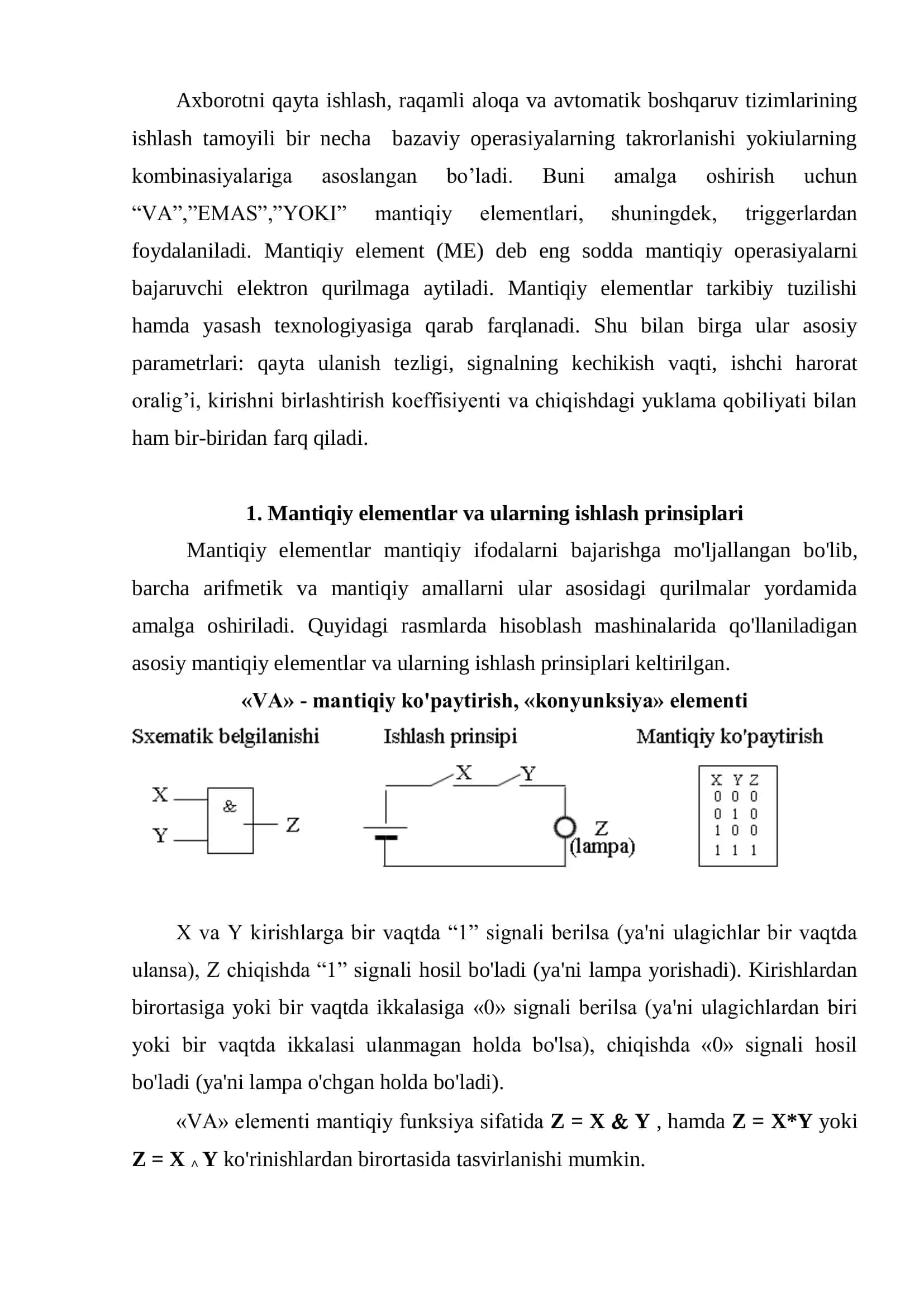 Asosiy mantiqiy amallar va ularning avtomatika elementlari va qurilmalarida amalga oshirilish 3