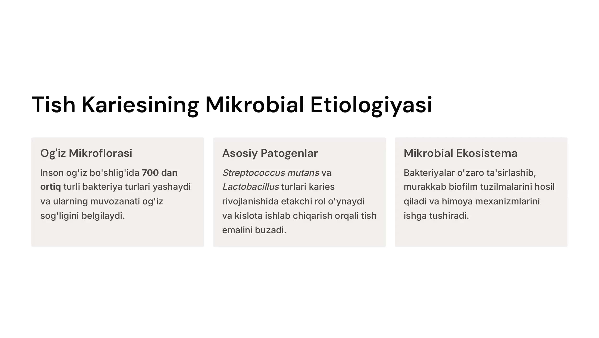 Tish kariesi va  kariesorezistentlikning  mikrobli omillari.  Mikroorganizmlarning  tish emali, sementi va  rekonstruktiv  materiallarga  adgeziyasi.  Parodontopatogen  mikrobli flora. 3