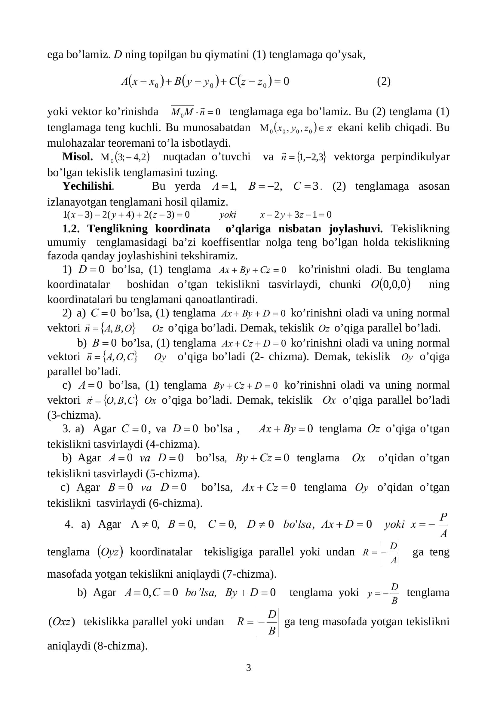 Oliy matematika: Fazoda tekislik va uning umumiy tenglamasi (PDF ma’ruza) 3