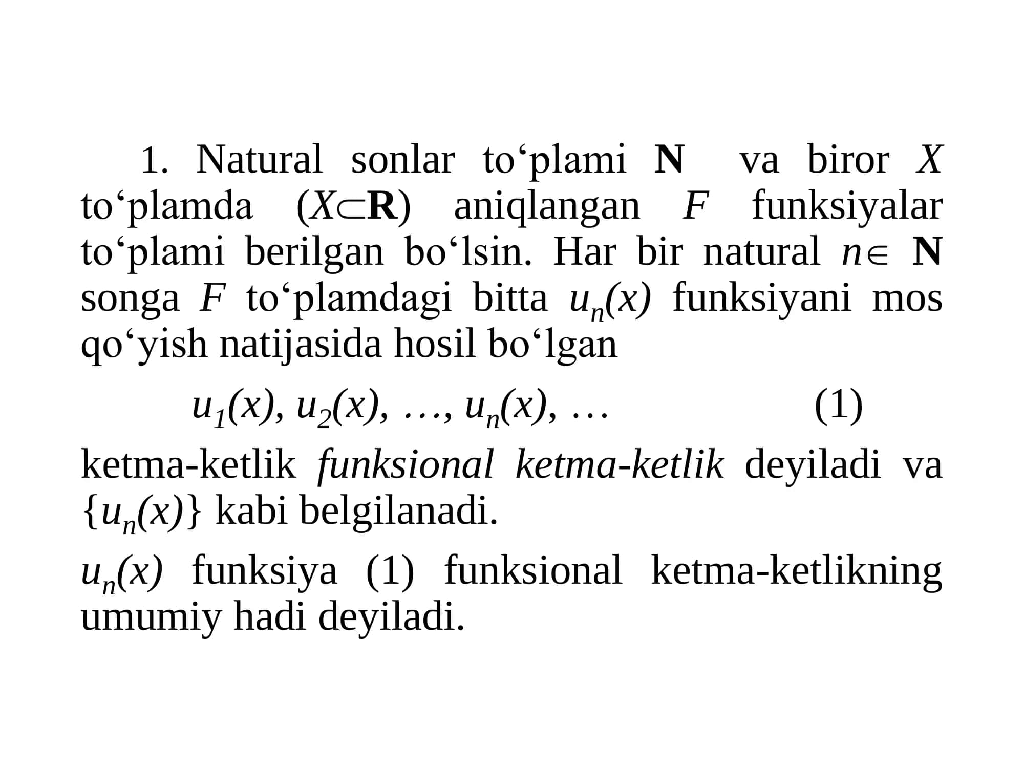 Funksional ketma-ketlik va uning limiti. Tekis yaqinlashuvchi funksional ketma-ketlik. Tekis yaqinlashuvchi funksional ketma-ketlikning xossalari 3