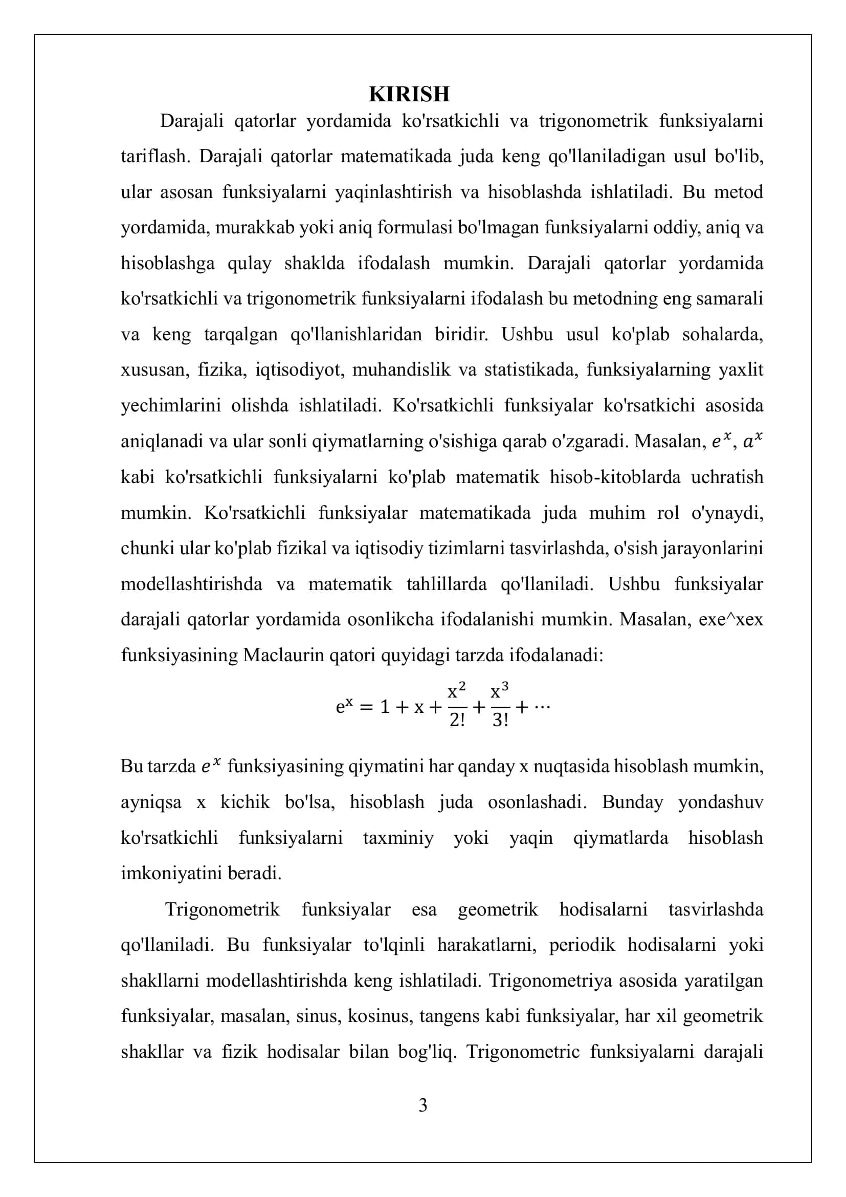 Darajali qatorlar yordamida ko’rsatgichli , trigonometrik  funksiyalarni ta’riflash 3