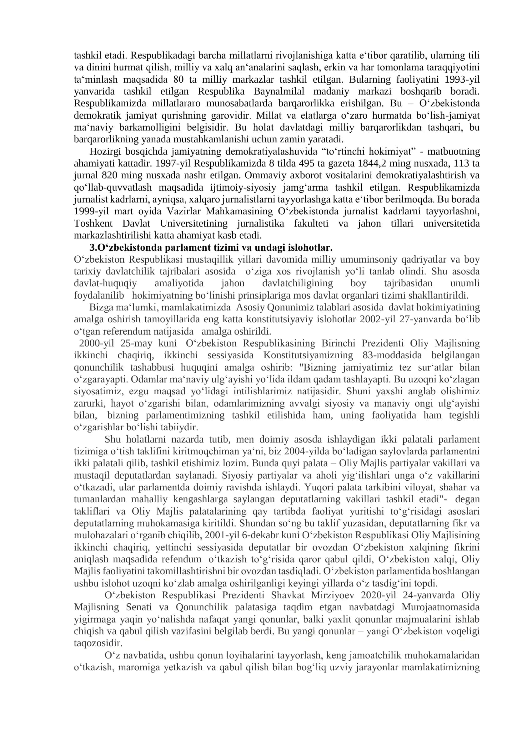 Oʻzbekistonda demokratik, fuqarolik jamiyati asoslarining shakllanishi, amalga oshirilgan siyosiy islohotlar 3