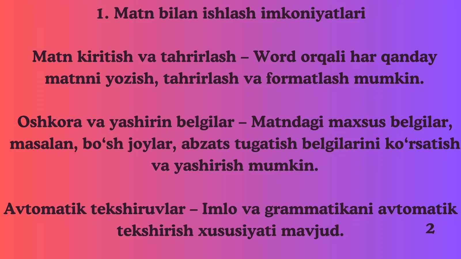 Microsoft Word matn muxarririning keng imkoniyatlari 3