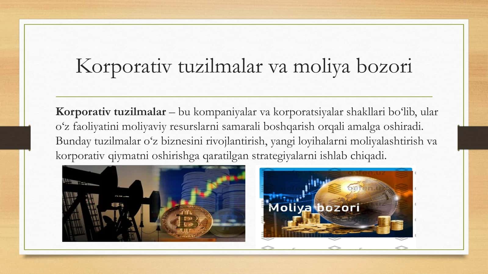 Moliya bozorida korporativ tuzilmalarningning roli : emitent va investor sifatida va Pulning vaqt bo'yicha qiymatiga ta'sir qiluvchi omillar va diskont stavkalarning belgilanishi 3