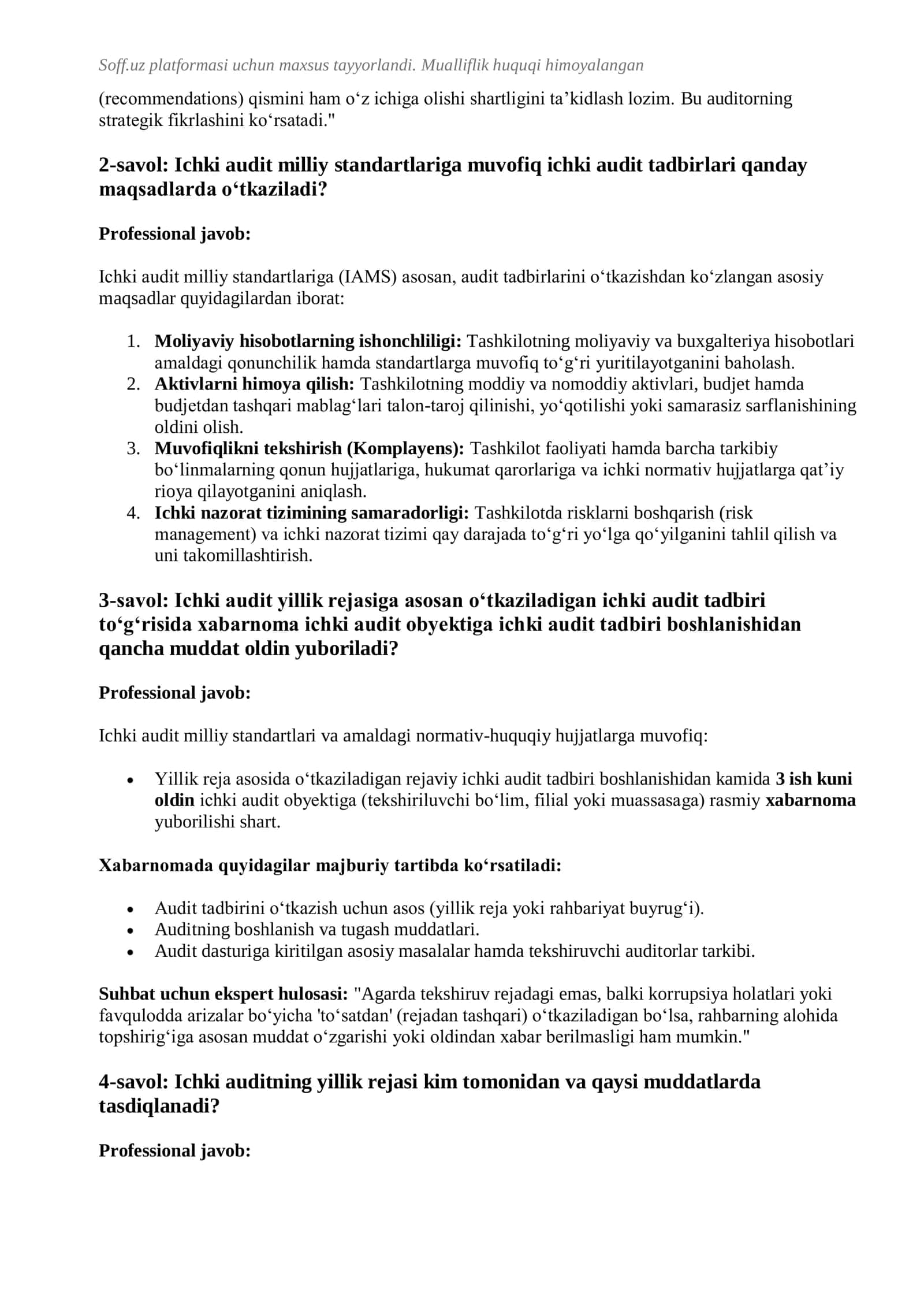 ICHKI AUDIT BO’LIMI  SUHBAT SAVOLLARI VA JAVOBLARI 3