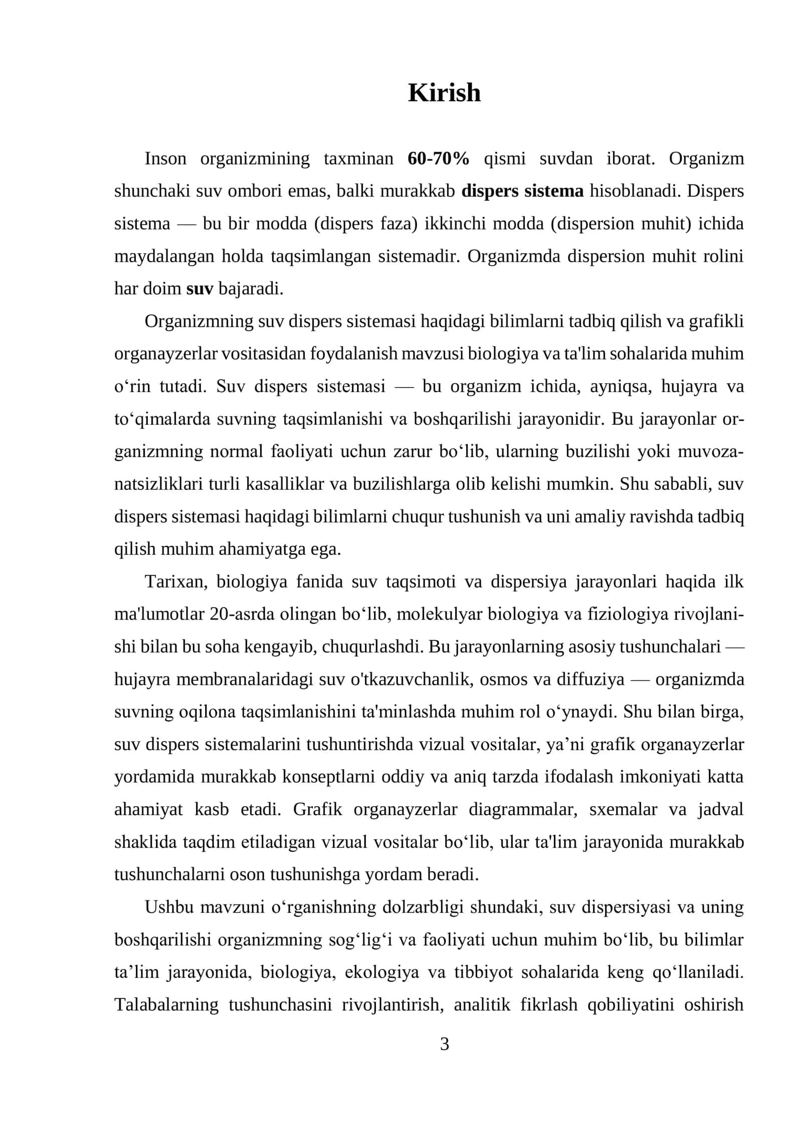 ORGANIZMNING SUV DISPERS SISTEMASI HAQIDAGI BILIMLARNI TADBIQ QILISH ORQALI GRAFIKLI ORGANAYZERLAR VOSITASIDAN FOYDALANISH 3
