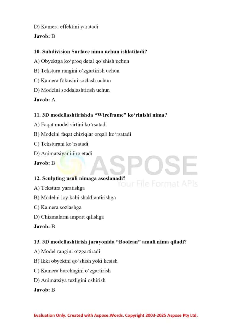 3D modellashtirishdan 50 ta test savoli va javoblari bilan 3