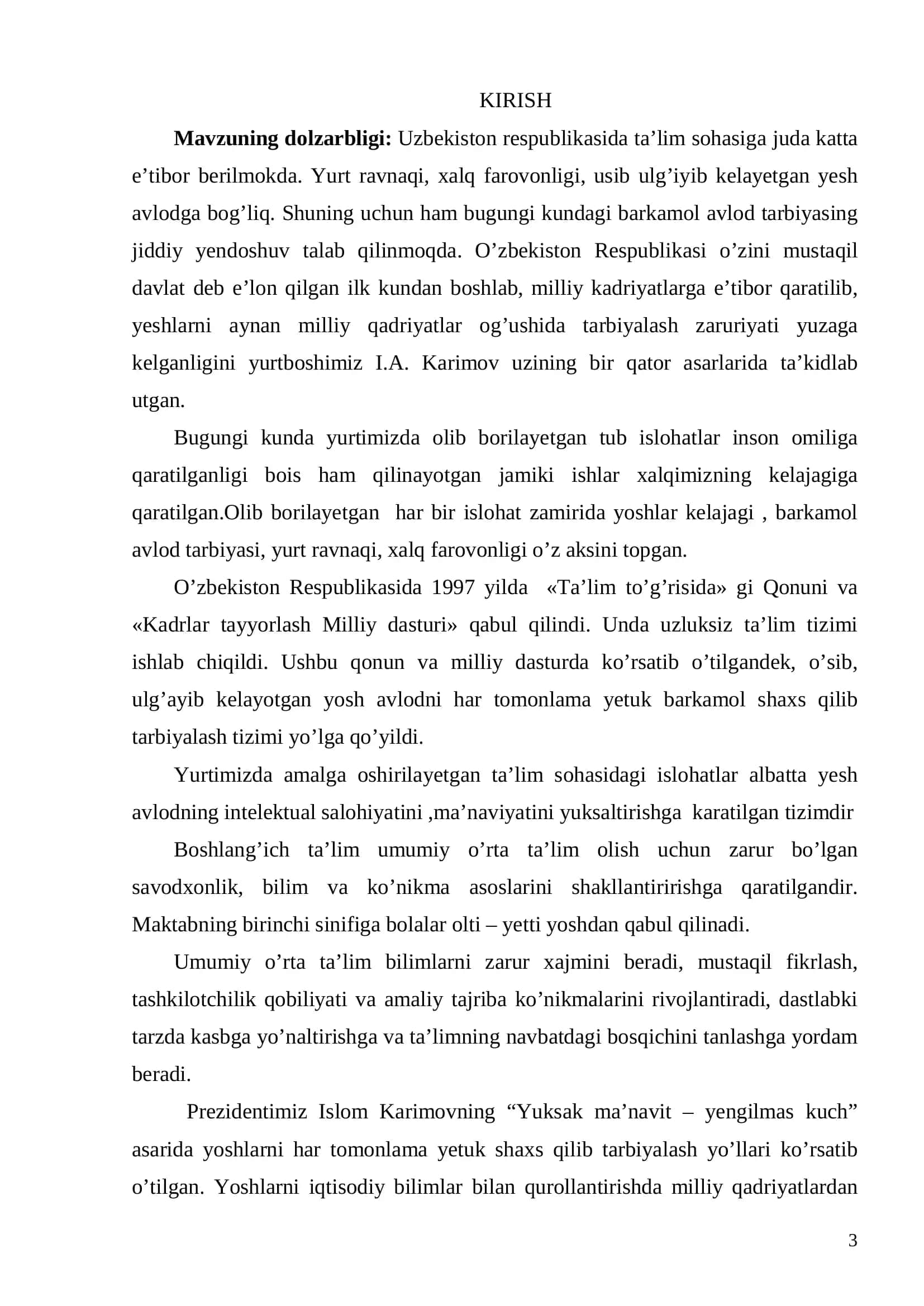 Boshlang’ich ta’lim va sport-tarbiyaviy ishi ta’lim yo’nalishi bo’yicha bakalavr darajasini olish uchun 3