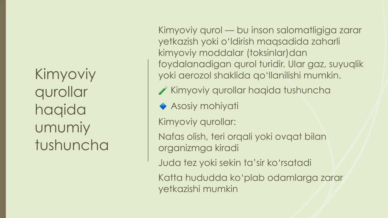 Kimyoviy qurol va zaharli maddalar tasnifi. Kimyoviy vaziyatni baholash 3