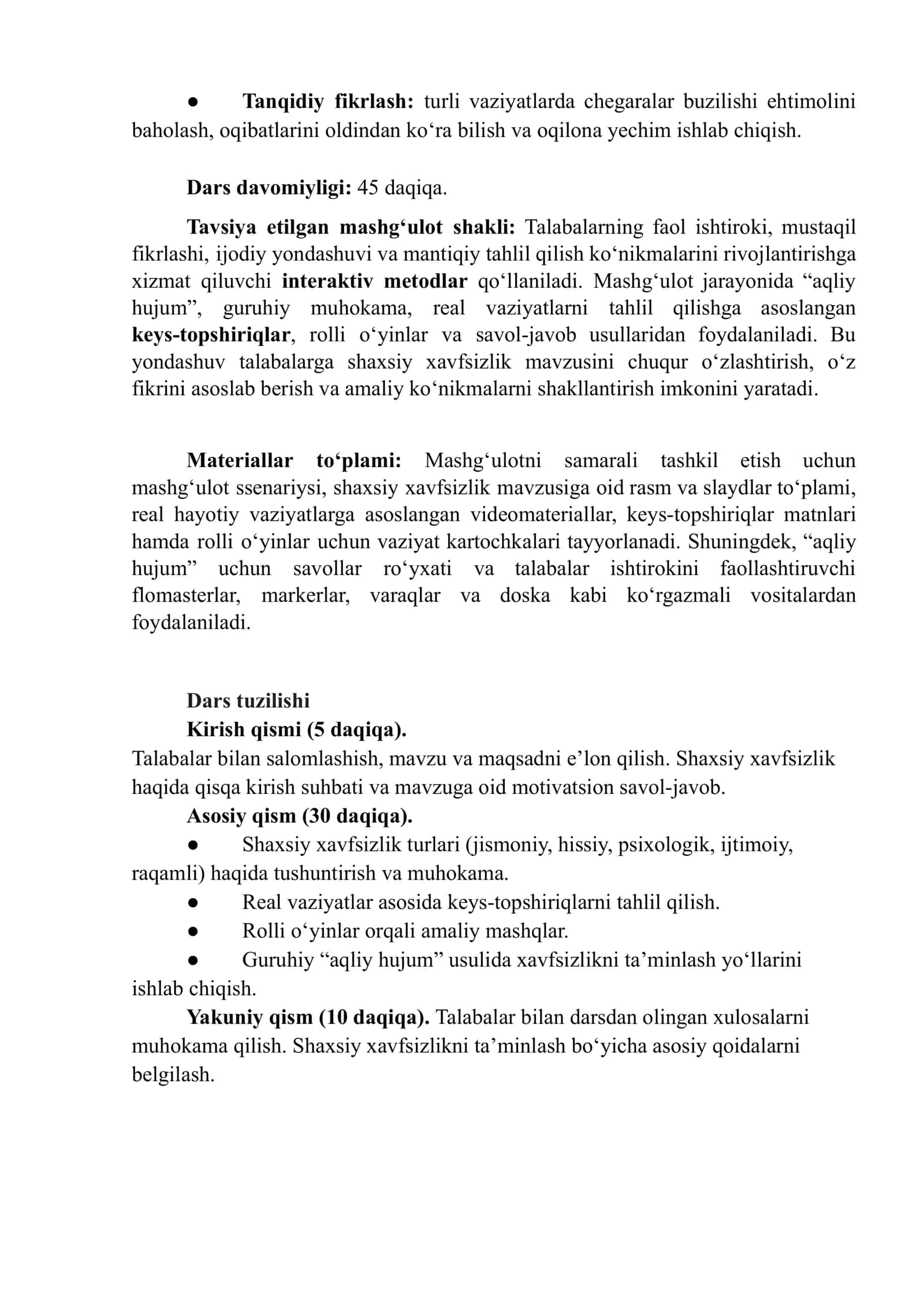 Xavfsiz hayot. dars ishlanmasi 3