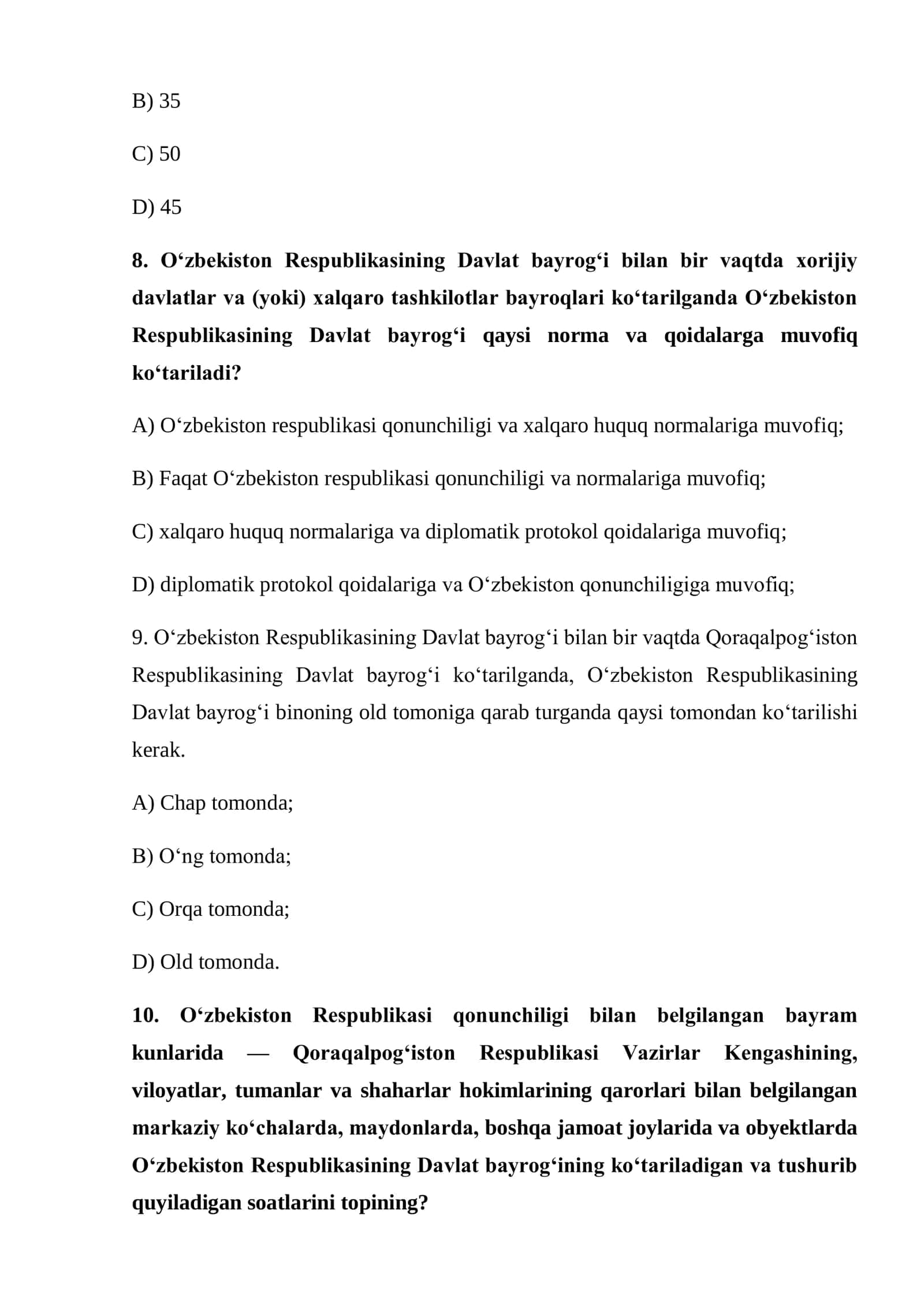 O‘zbekiston Respublikasining Davlat bayrog‘i to‘risidagi qonuni bo`yicha 15 ta murakkab testlar. 3