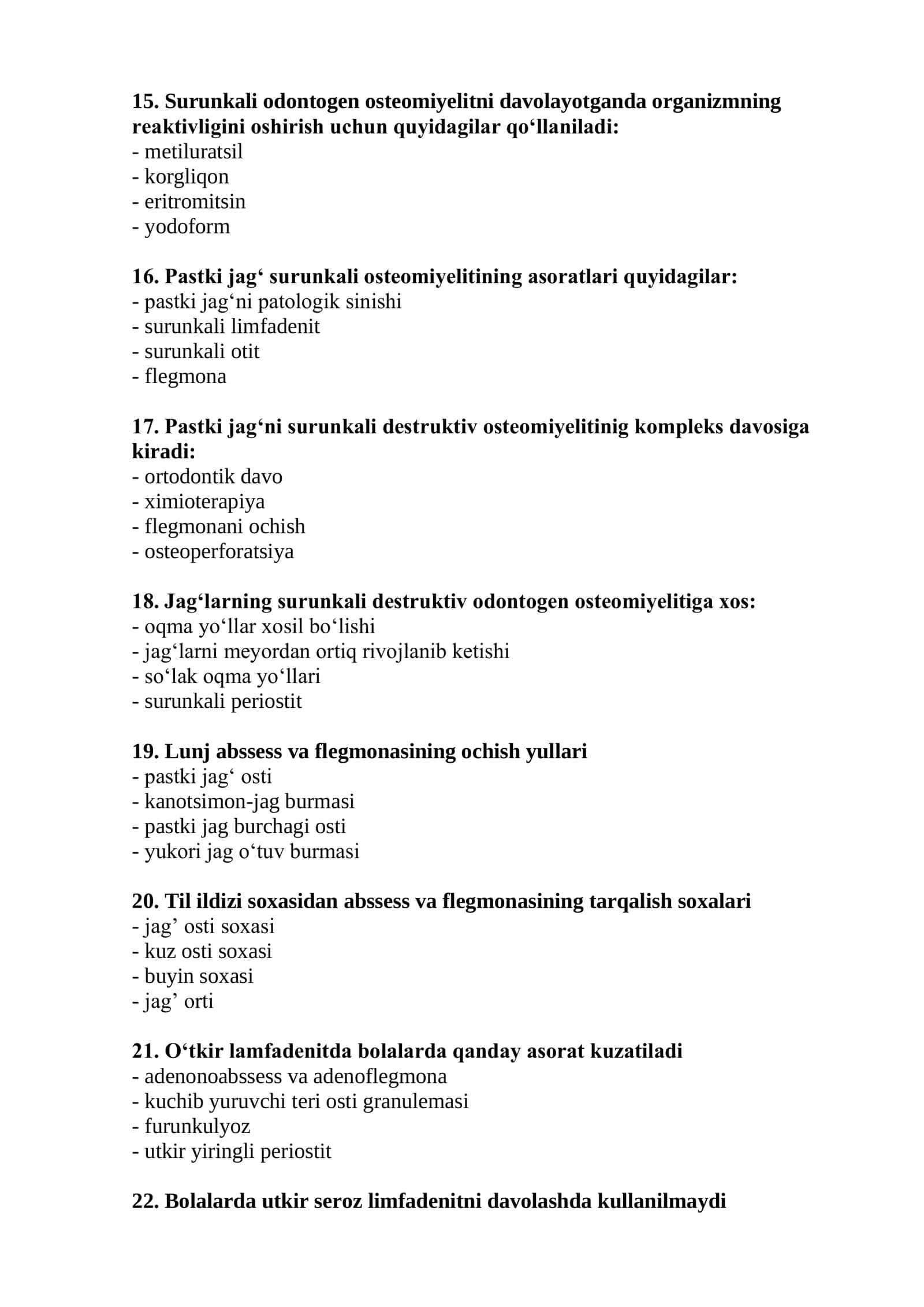 Bolalar xirurgik stomatologiyasi mutaxassisligi bo'yicha shakllantirilgan test savollari ro'yxati 3