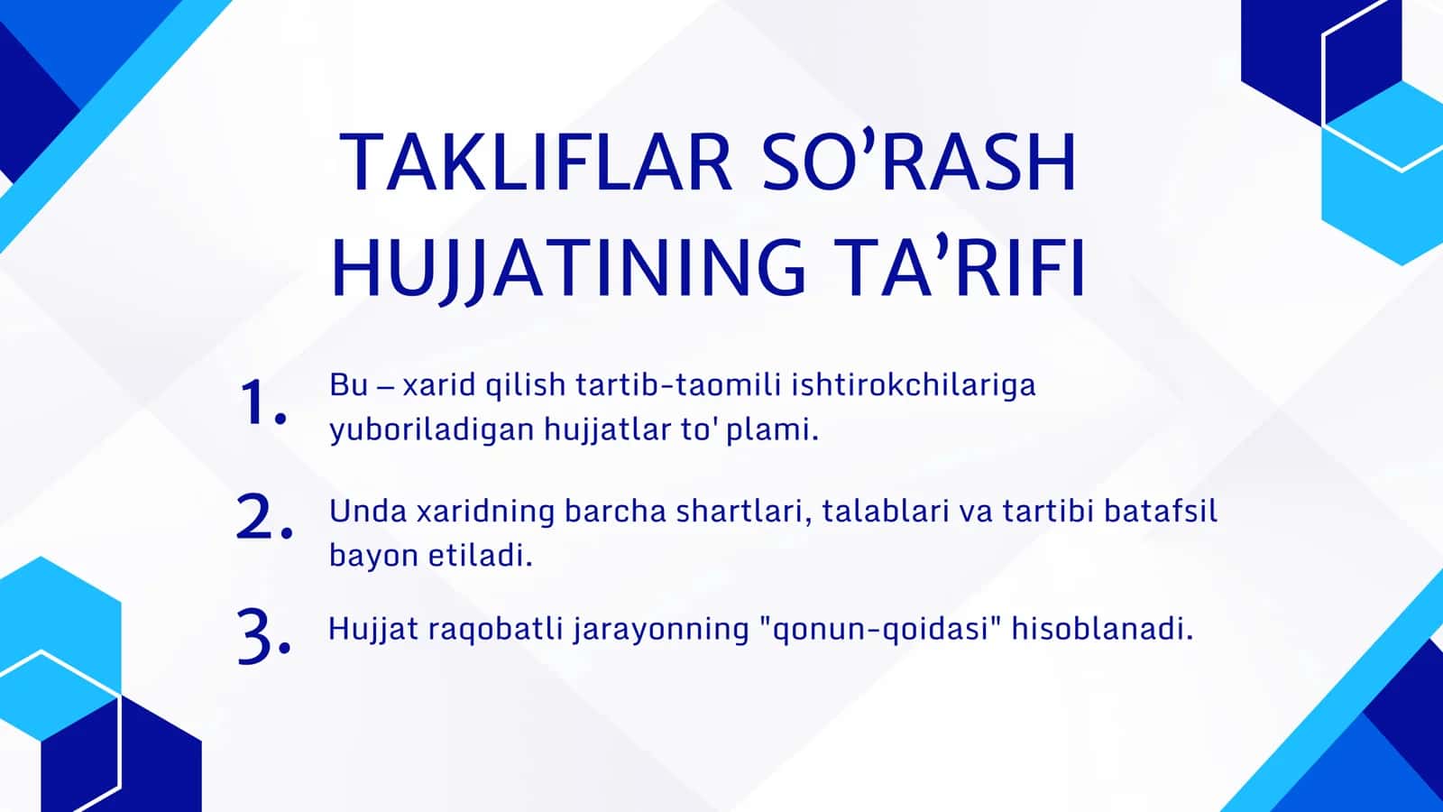 Davlat xaridlari jarayonida takliflar so’rash hujjatlarining mazmuni, tuzilishi va ahamiyati. 3
