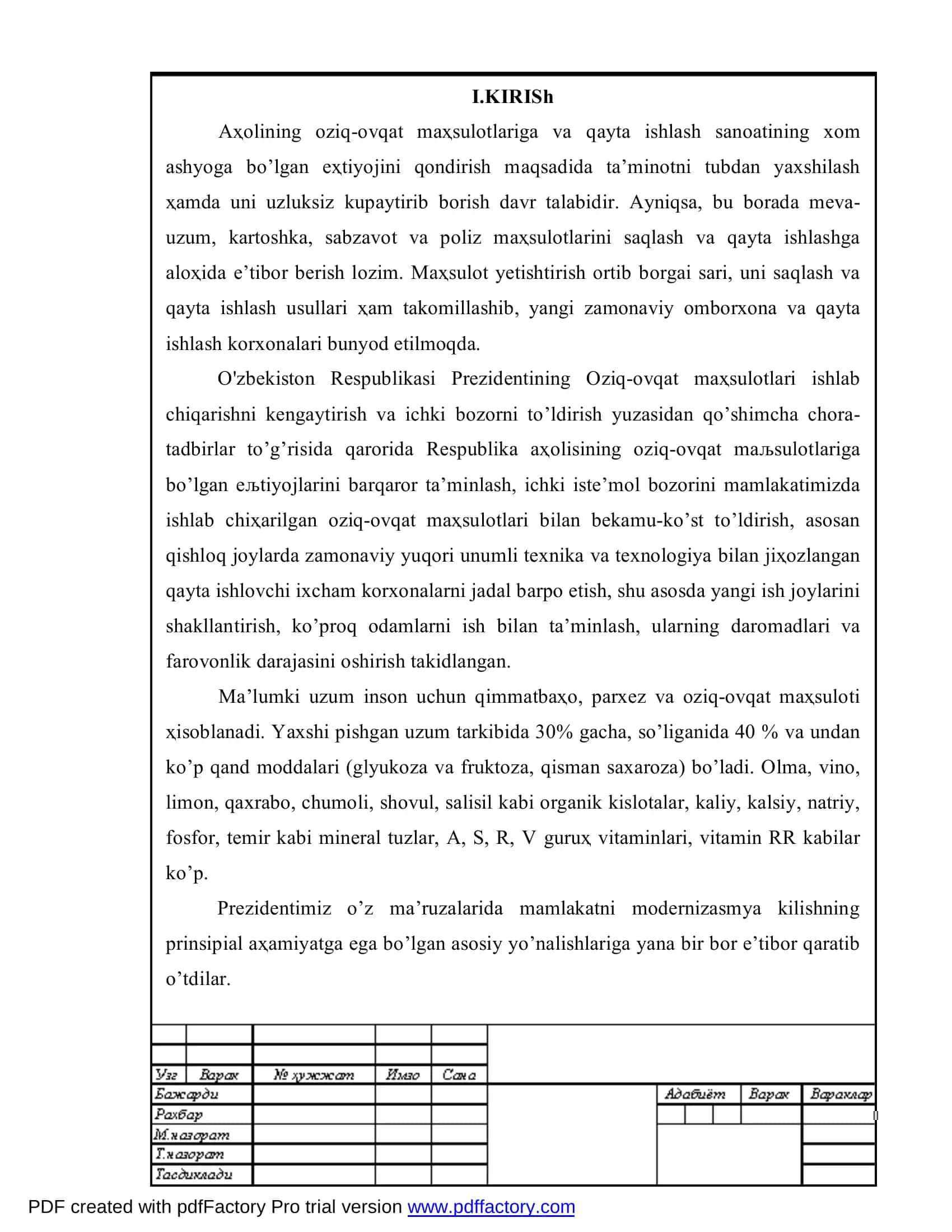 Qishloq xo’jaligi mahsulotlarini saqlash va dastlabki ishlash texnologiyasi bakalavriat yo’nalishi IV-kurs talabasi 3