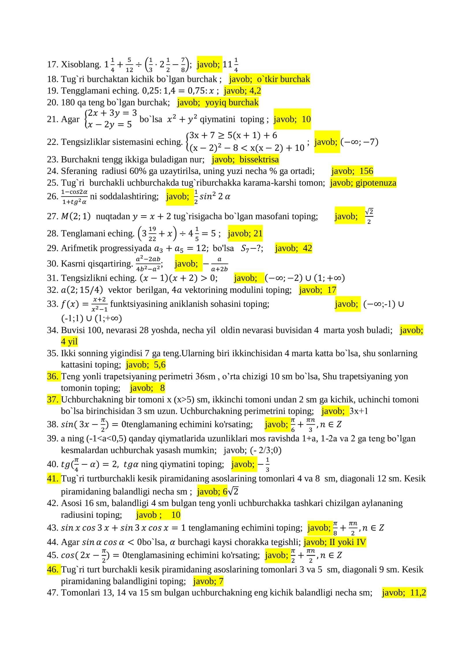 2026 YIL MATEMATIKA FANIDAN KUZGI ATTESTATSIYA SAVOLLARI 3