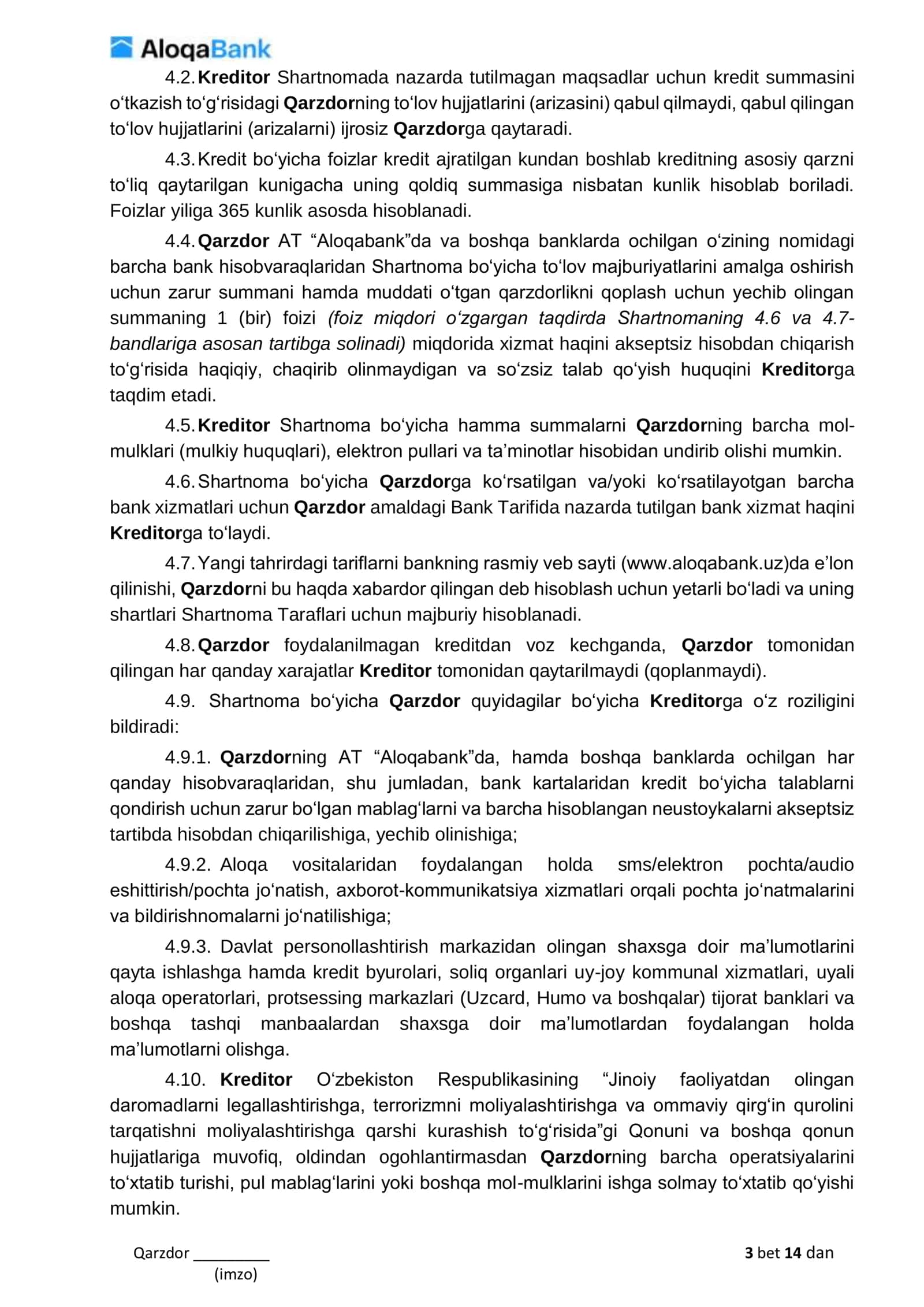 Qarzdor kredit shartnomasi 3