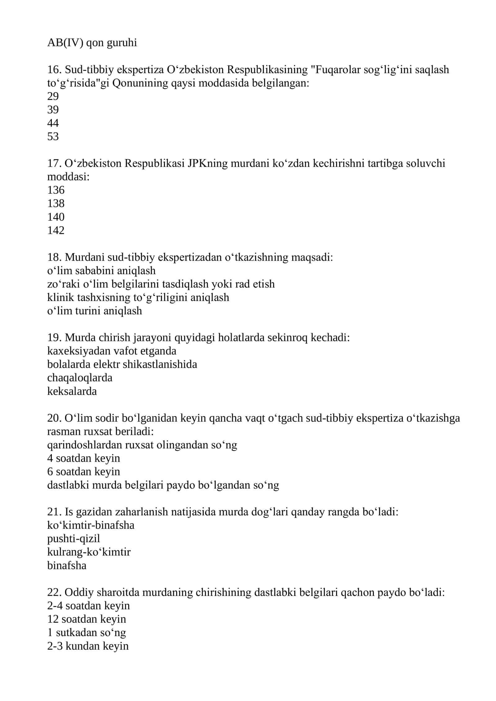 Sud-tibbiy ekspertizasi mutaxassisligi boʻyicha shakllantirilgan test savollari roʻyxati 2026 3