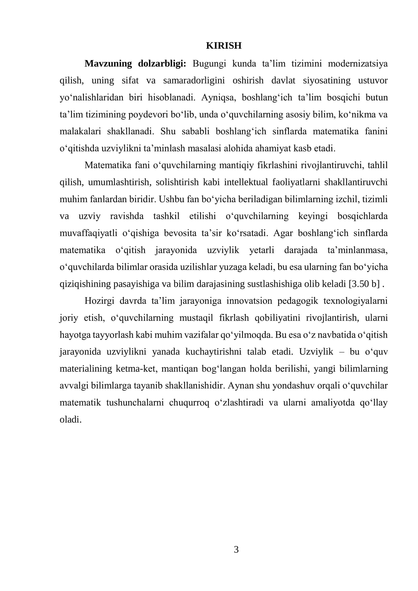 BOSHLANG‘ICH SINFLARDA MATEMATIKA O‘QITISHDAGI UZVIYLIKNI AMALGA OSHIRISH METODIKASI 3