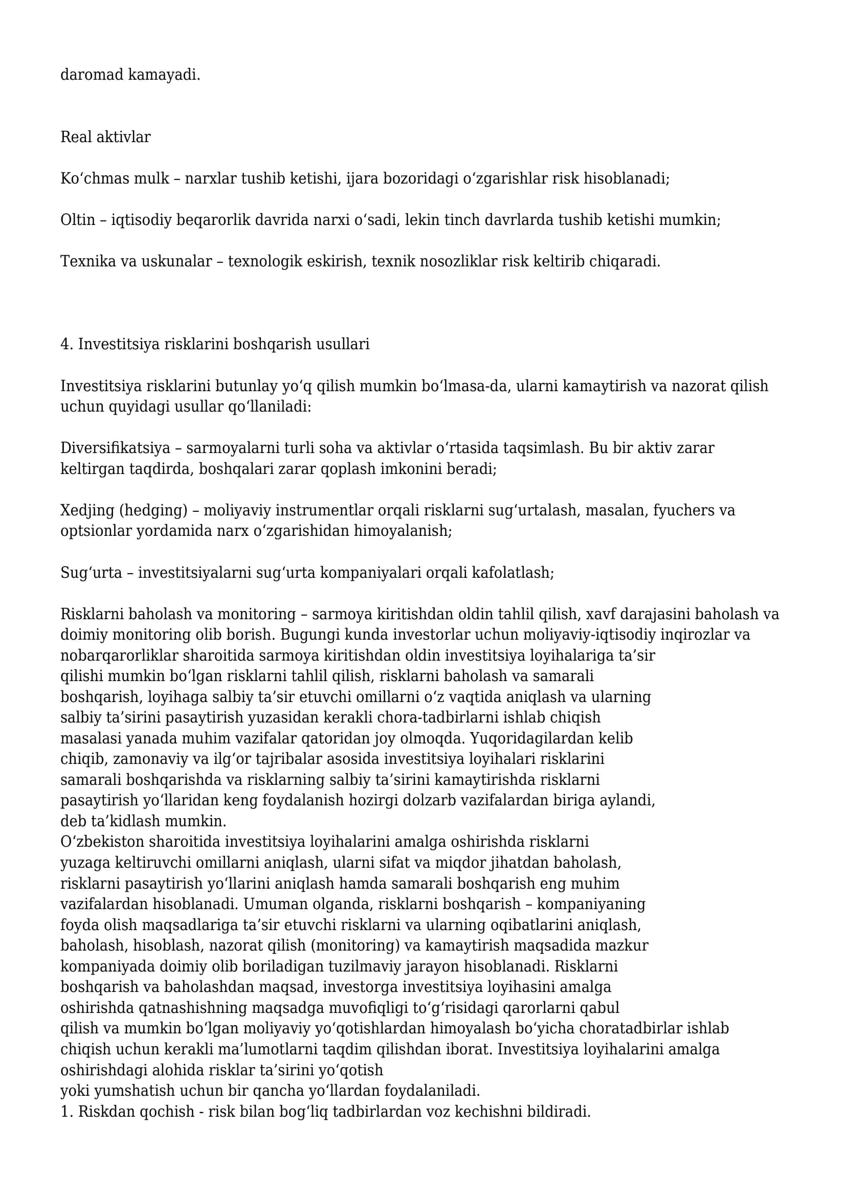 Investitsiya risklari. Aktivlar risklari 3