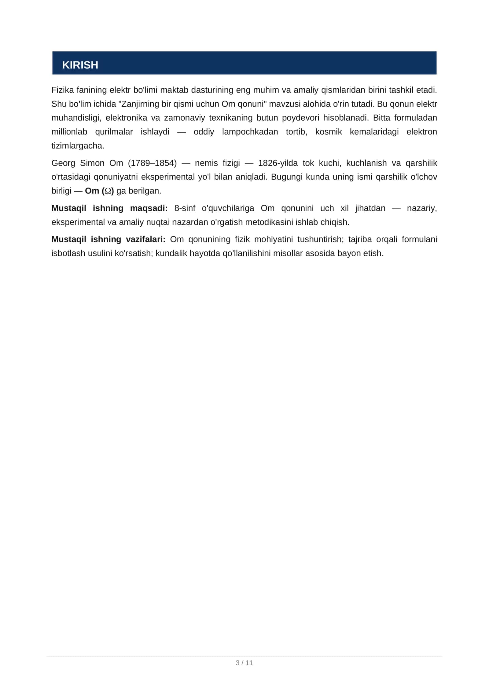 "Zanjirning bir qismi uchun Om qonuni" o'qitish metodikasi 3