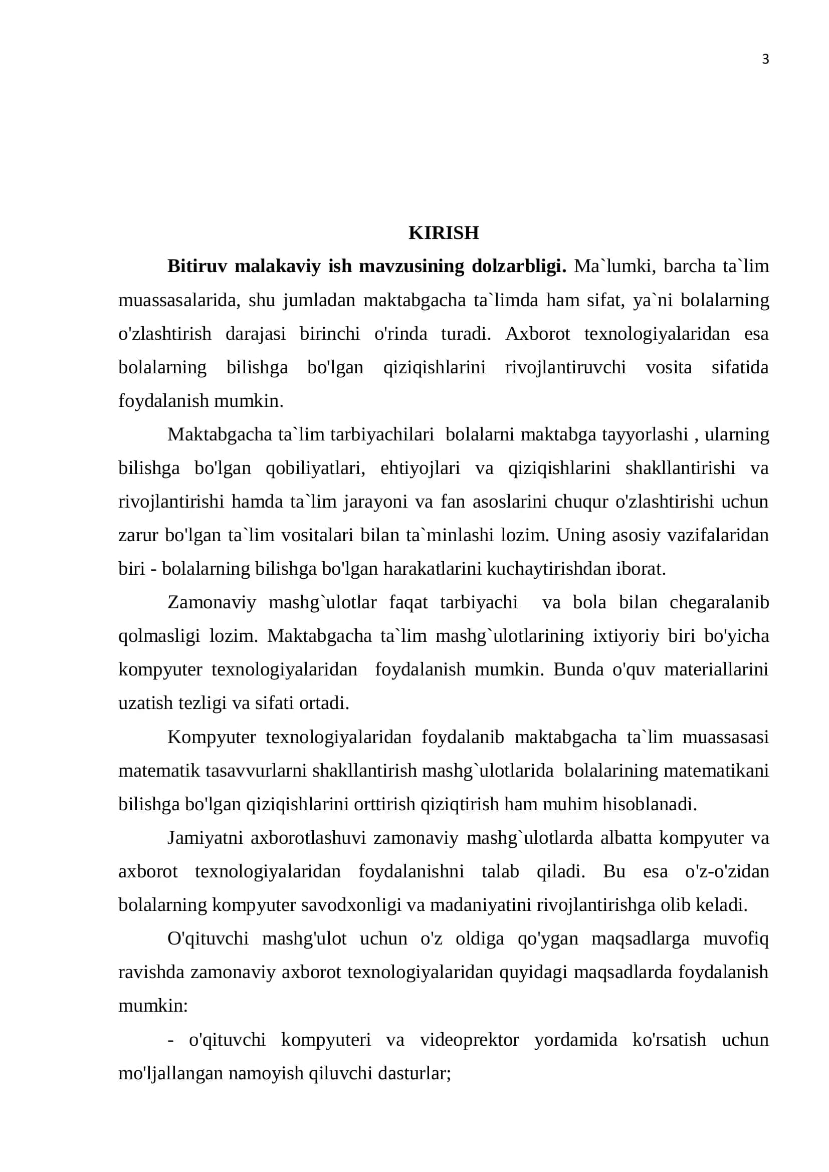 Maktabgacha ta’lim yo’nalishi bakalavr darajasi uchun yozilgan bitiruv malakaviy ishi 3