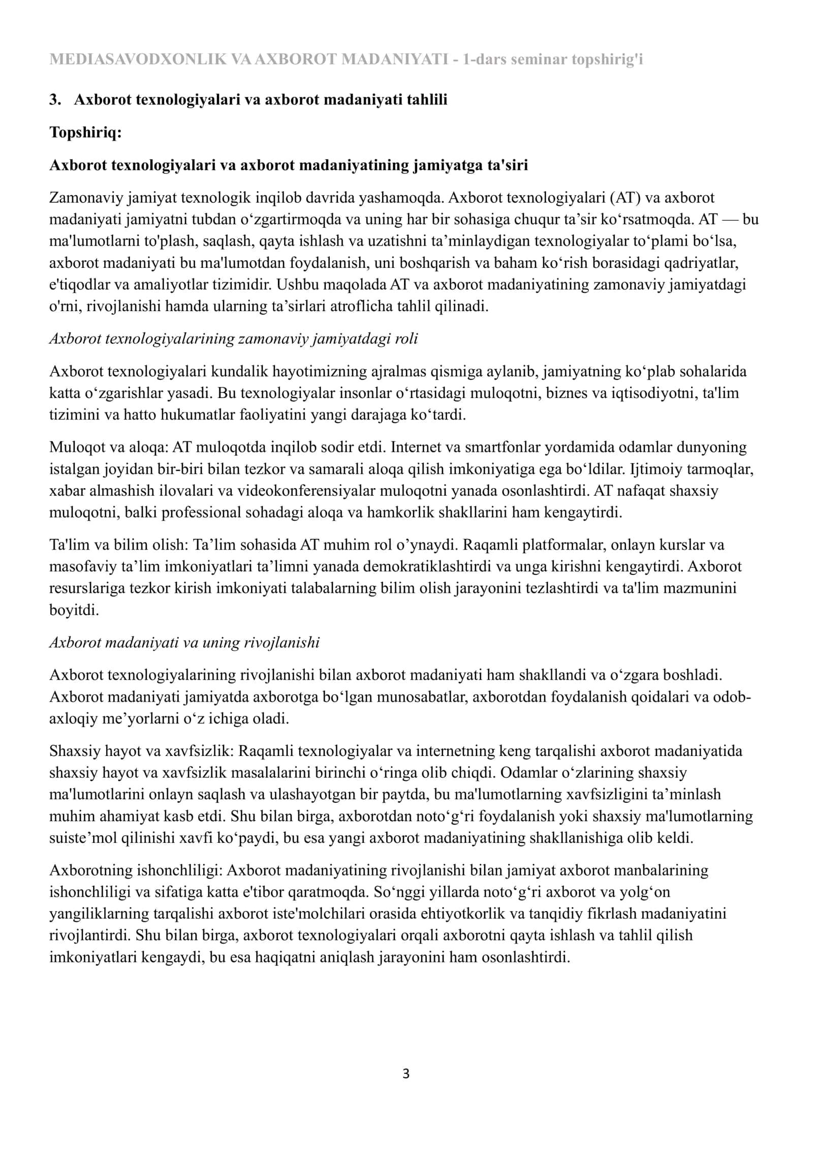 MEDIASAVODXONLIK VA AXBOROT MADANIYATI  amaliy  topshiriq 3
