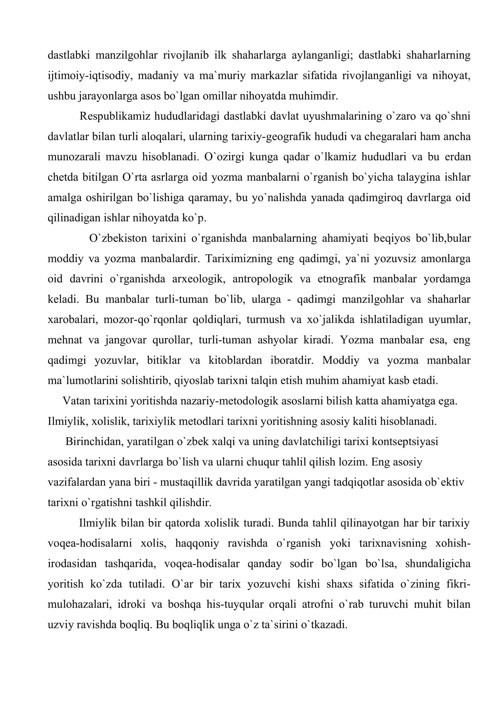O`zbеkiston tarixi fani prеdmеti, uni o`rganishning mеtodologik tamoyillari, manbalari, ob`еkti va ahamiyati 3